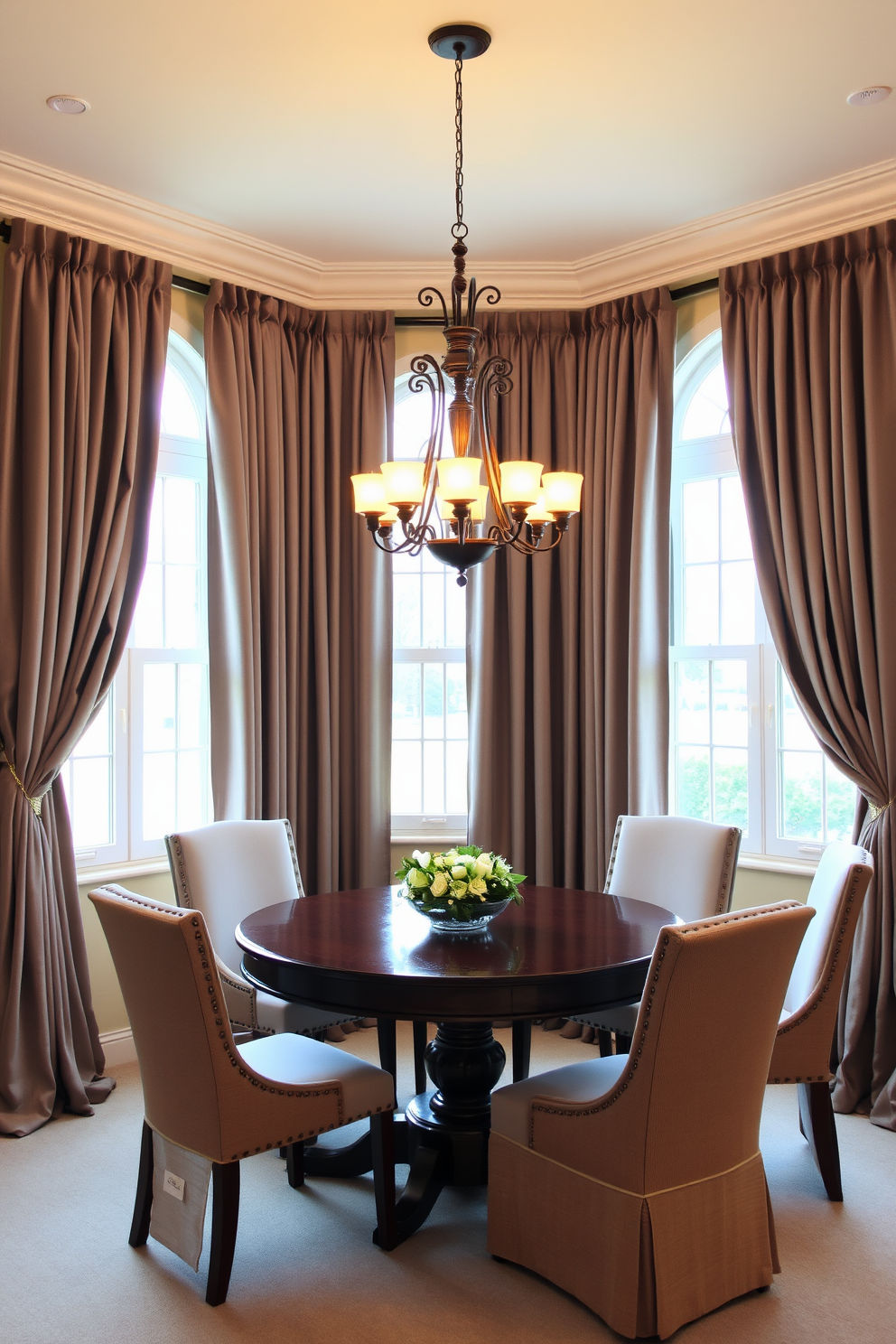 Elegant drapes frame the large window, cascading down to the floor in a soft, flowing fabric that adds a touch of luxury. The color of the drapes complements the room's palette, enhancing the overall elegance of the space. The corner dining room features a round wooden table surrounded by upholstered chairs, creating an inviting atmosphere for gatherings. A stylish chandelier hangs above the table, providing warm lighting that enhances the room's charm.