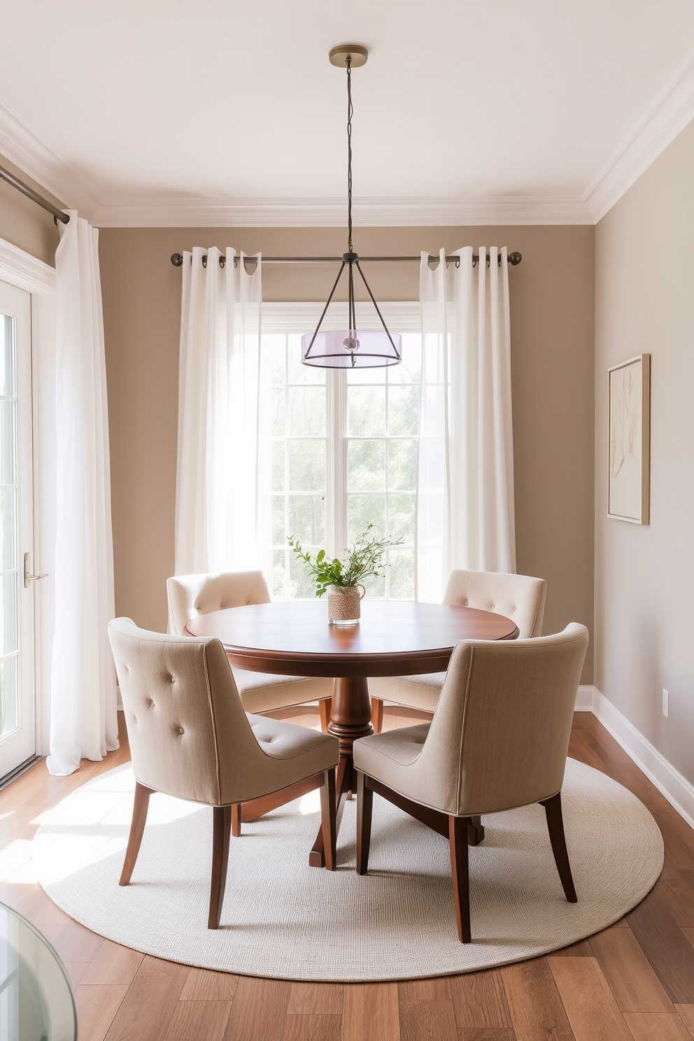 A serene corner dining room featuring a round wooden table surrounded by upholstered chairs in soft beige. The walls are painted in a light taupe hue, complemented by a large window adorned with sheer white curtains that allow natural light to filter in. A stylish pendant light hangs above the table, adding a touch of elegance to the space. A subtle area rug in a neutral tone anchors the room, while a small potted plant adds a hint of greenery to the decor.