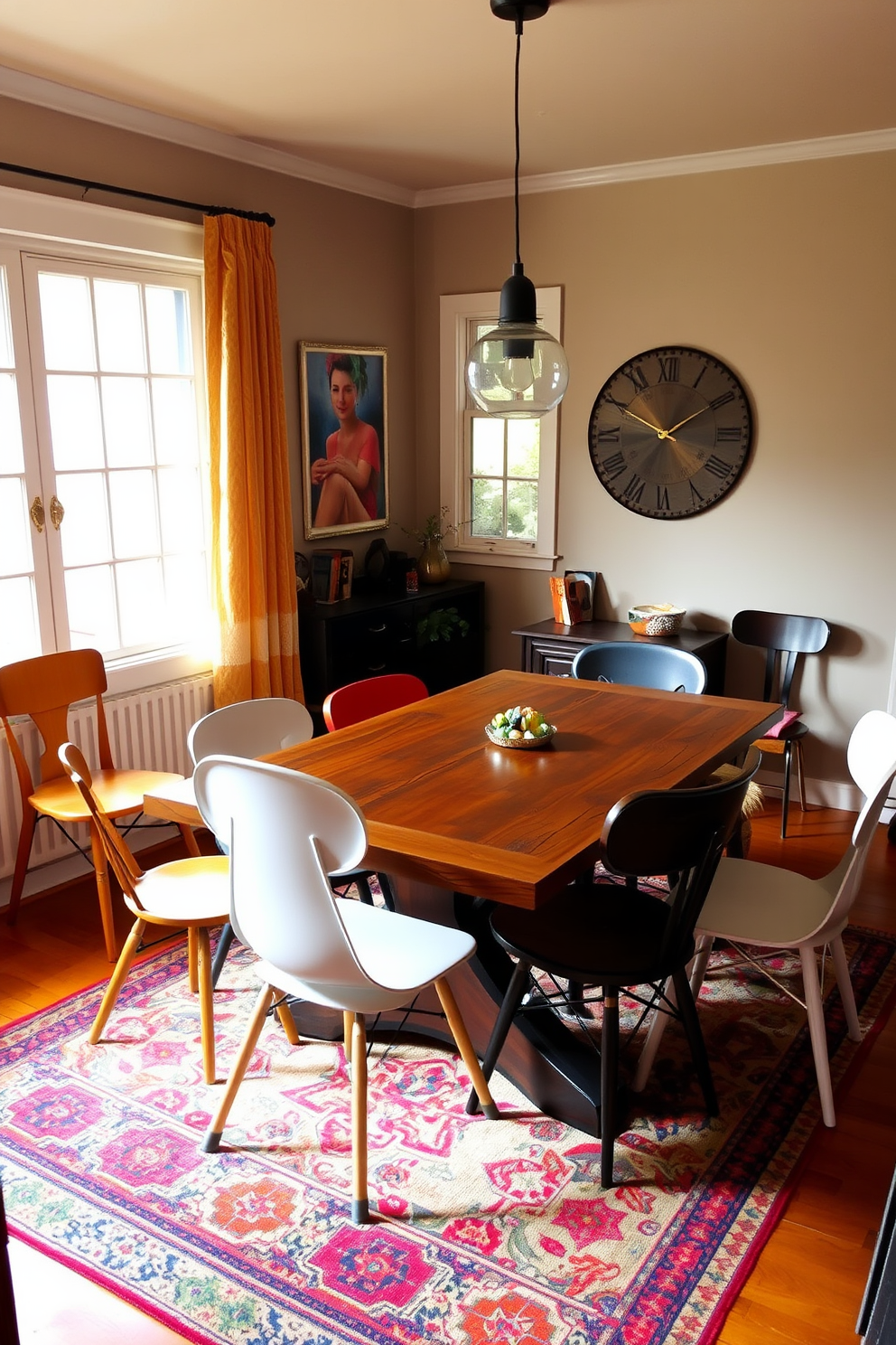 An eclectic mix of chair styles surrounds a rustic wooden dining table in a cozy corner dining room. The space features a blend of modern and vintage chairs, each with unique colors and textures, creating a vibrant and inviting atmosphere. Natural light pours in through large windows, illuminating the room's warm color palette. Decorative elements like a colorful area rug and wall art add personality, enhancing the overall charm of the dining area.