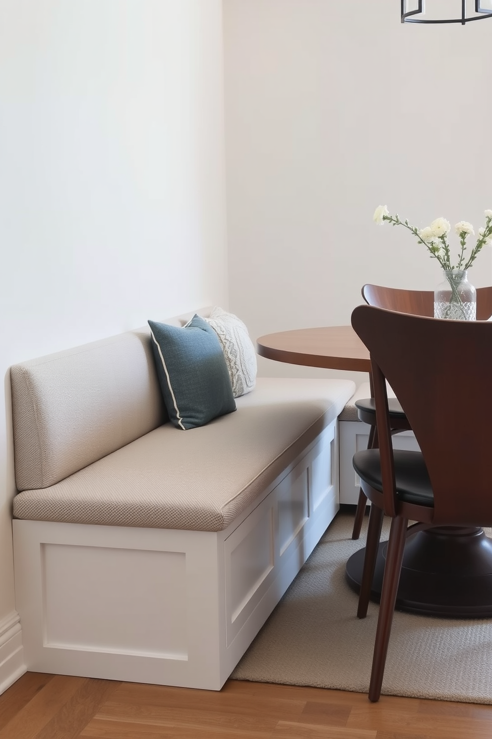 A cozy corner dining room features a sleek bench with hidden storage underneath. The bench is upholstered in a soft fabric, complemented by a round wooden table surrounded by stylish chairs.