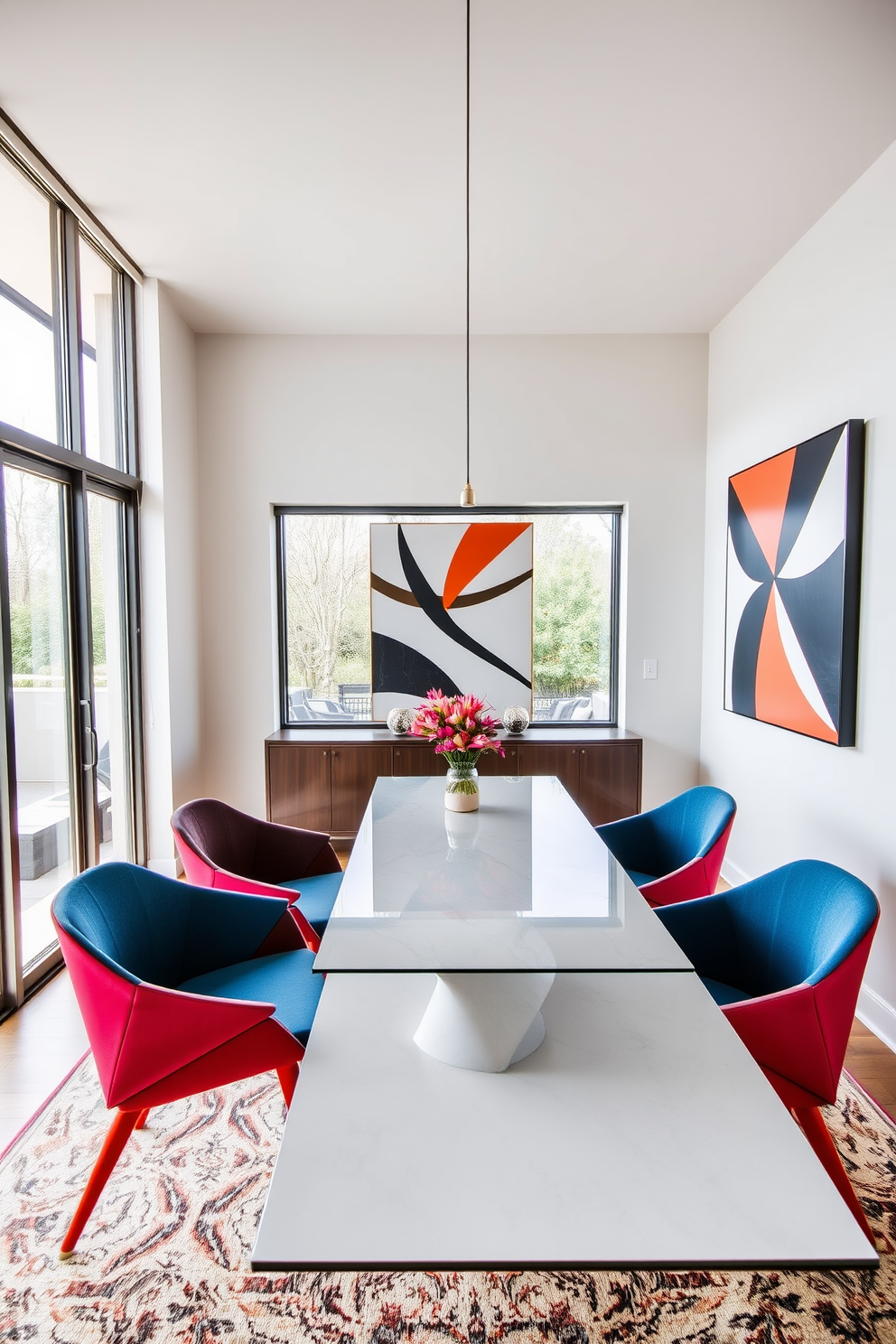 A corner dining room featuring a sleek modern table with geometric patterns on the surface. Surrounding the table are stylish chairs with angular designs and bold colors, creating a vibrant yet sophisticated atmosphere. The walls are adorned with contemporary art pieces that echo the geometric theme, adding visual interest to the space. Large windows allow natural light to flood in, enhancing the modern flair and making the room feel airy and inviting.