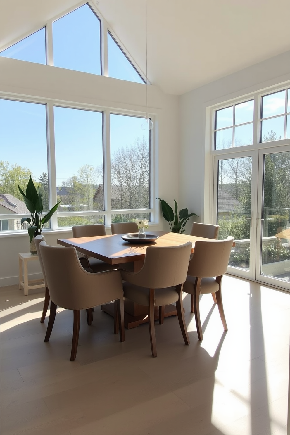 A bright and airy corner dining room filled with natural light streaming through large windows. The space features a sleek wooden dining table surrounded by upholstered chairs in soft earth tones.