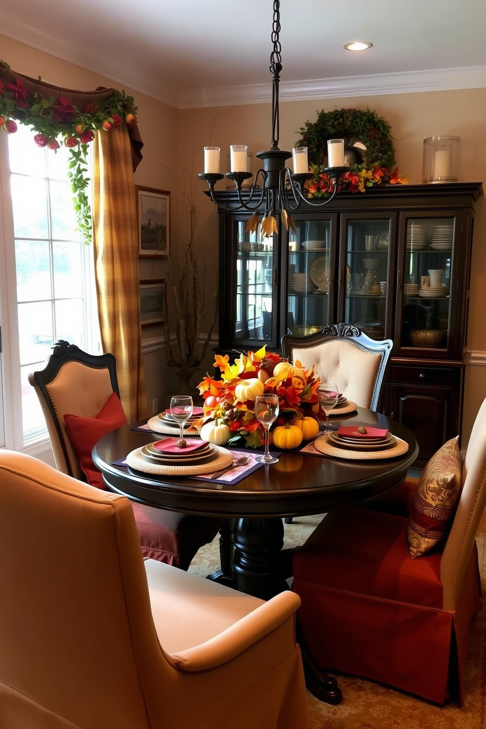 A cozy corner dining room adorned with seasonal decor. The table is set with a festive autumn-themed centerpiece featuring pumpkins and colorful leaves. Soft, warm lighting enhances the inviting atmosphere of the space. Surrounding the table, comfortable chairs are upholstered in rich fabrics that complement the seasonal palette.