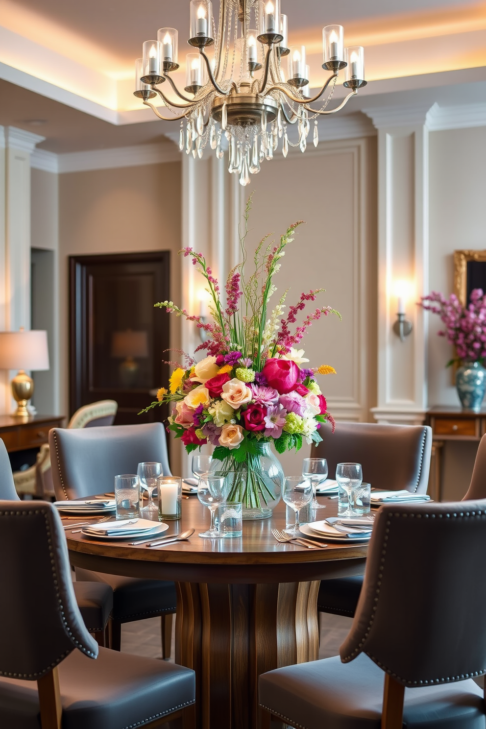 A stunning table centerpiece featuring a vibrant arrangement of fresh flowers in various colors. The centerpiece is surrounded by elegant dinnerware and soft candlelight, creating a warm and inviting atmosphere. The dining room design showcases a harmonious blend of modern and traditional elements. A round wooden table sits at the center, complemented by stylish upholstered chairs and a statement chandelier overhead.