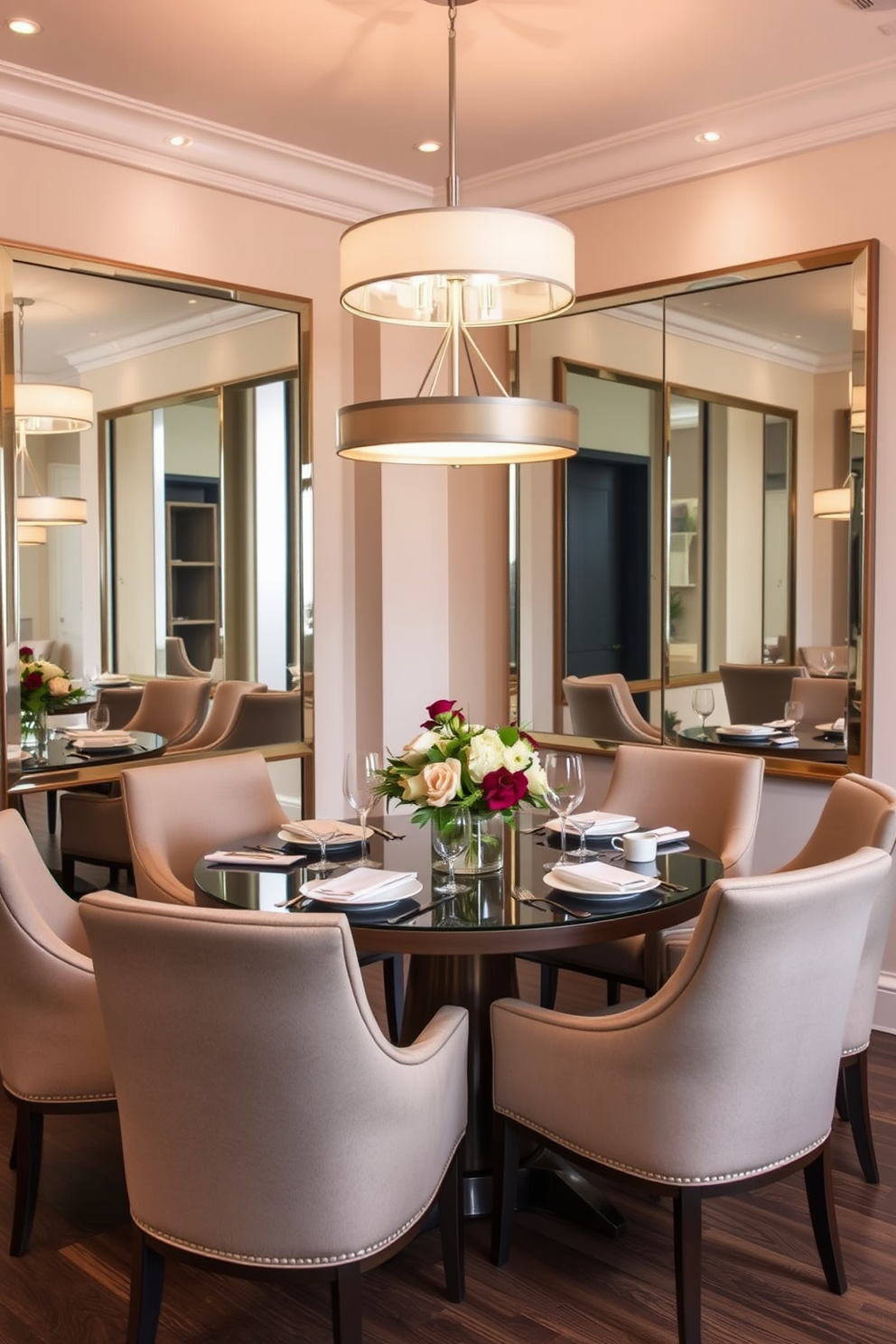 A corner dining room features a round table surrounded by stylish upholstered chairs. On the walls, large mirrors reflect light and create an illusion of a more spacious area, enhancing the overall ambiance. The table is set with elegant dinnerware and a centerpiece of fresh flowers. Soft, ambient lighting from a modern chandelier above adds warmth to the inviting space.