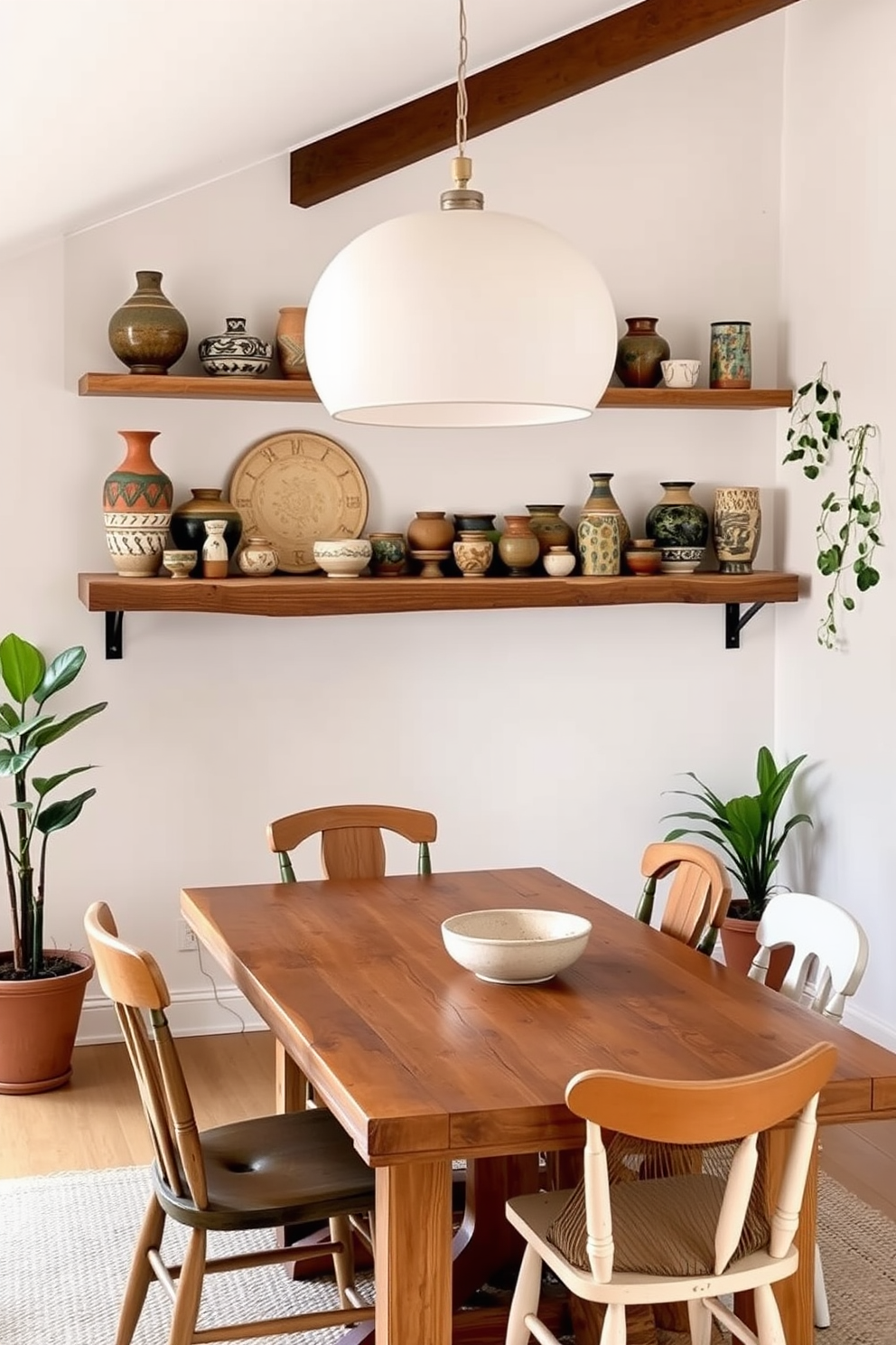 Artisan pottery displayed on a rustic wooden shelf adds a unique touch to the corner dining room. The dining table, crafted from reclaimed wood, is surrounded by mismatched chairs that enhance the eclectic atmosphere. A large, round pendant light hangs above the table, casting a warm glow over the space. Soft, neutral tones on the walls create a calming backdrop for the vibrant colors of the pottery and the greenery from potted plants in the corners.