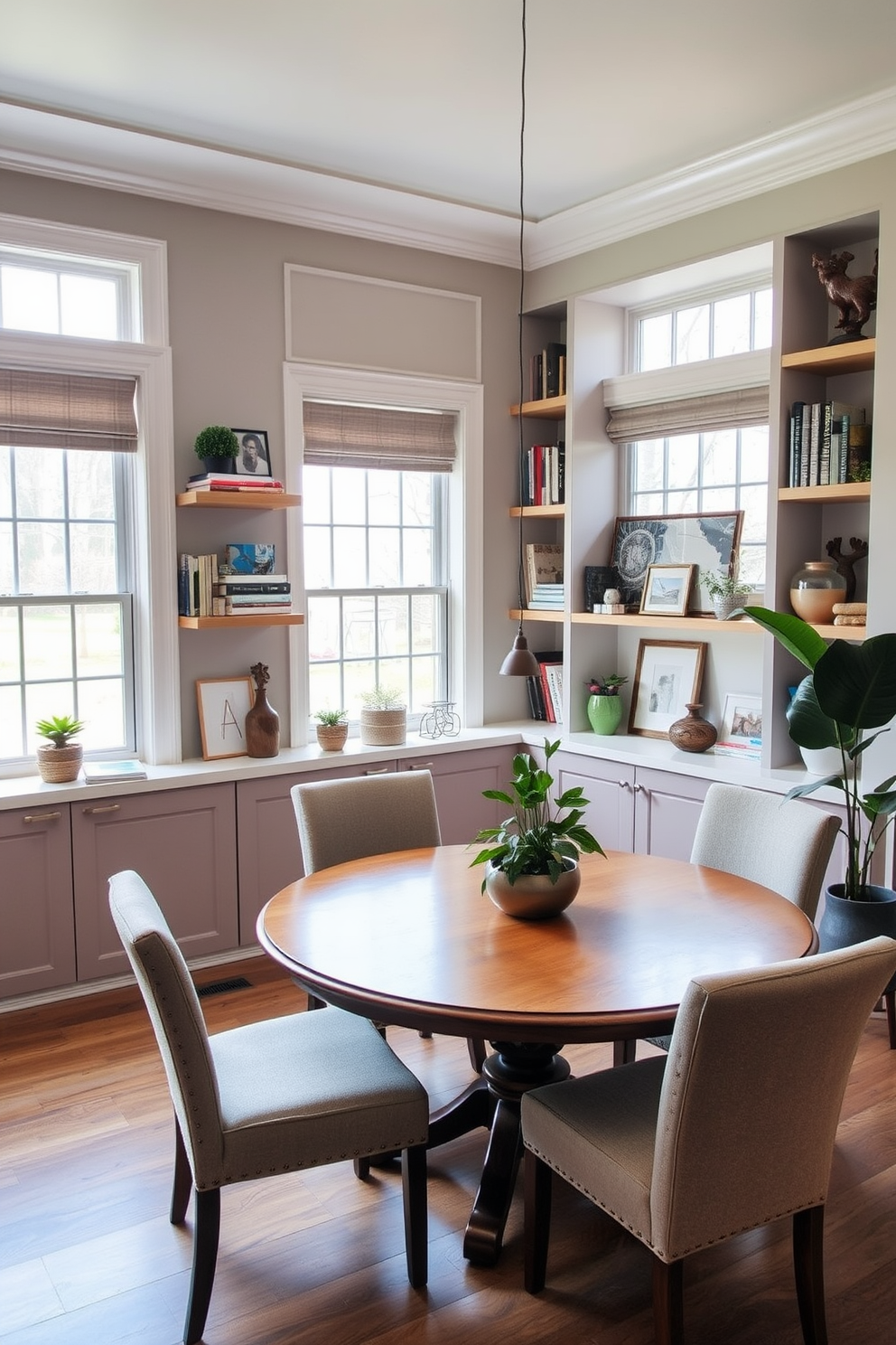 A cozy corner dining room featuring built-in corner shelves for decor. The shelves are filled with an array of decorative items, including books, plants, and art pieces, creating a personalized touch. The dining table is a round wooden piece surrounded by upholstered chairs in a soft fabric. Large windows allow natural light to fill the space, enhancing the warm tones of the room.