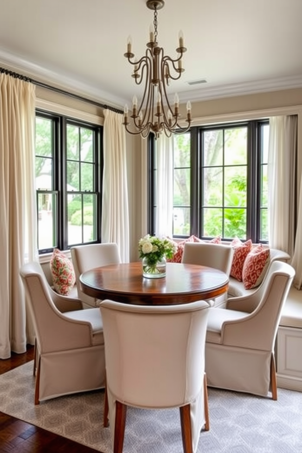 A cozy corner dining room features a round wooden table surrounded by plush upholstered chairs in soft neutral tones. Large windows allow natural light to flood the space, complemented by sheer curtains that add a touch of elegance. On one side of the room, a built-in bench with colorful throw pillows provides additional seating, creating an inviting atmosphere for gatherings. A statement chandelier hangs above the table, enhancing the warm ambiance of this intimate dining area.