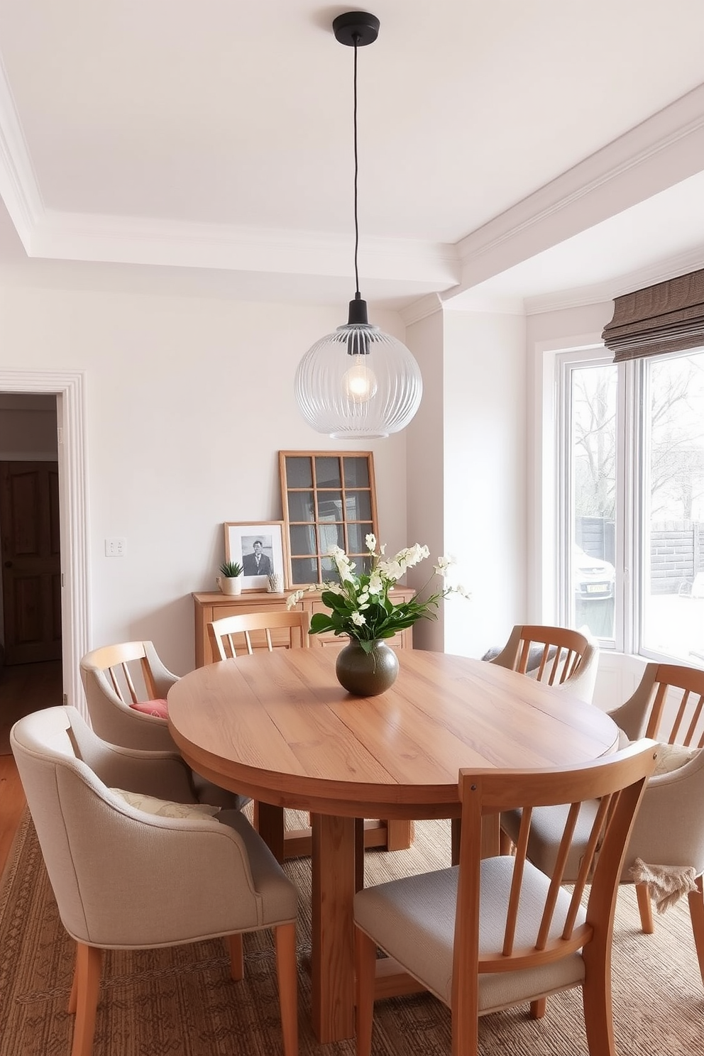 A light wood dining set creates a warm and inviting atmosphere in the dining room. The table is surrounded by comfortable upholstered chairs, enhancing the cozy feel of the space. The walls are painted in a soft neutral tone, allowing the natural wood to stand out. A statement pendant light hangs above the table, providing both illumination and style.