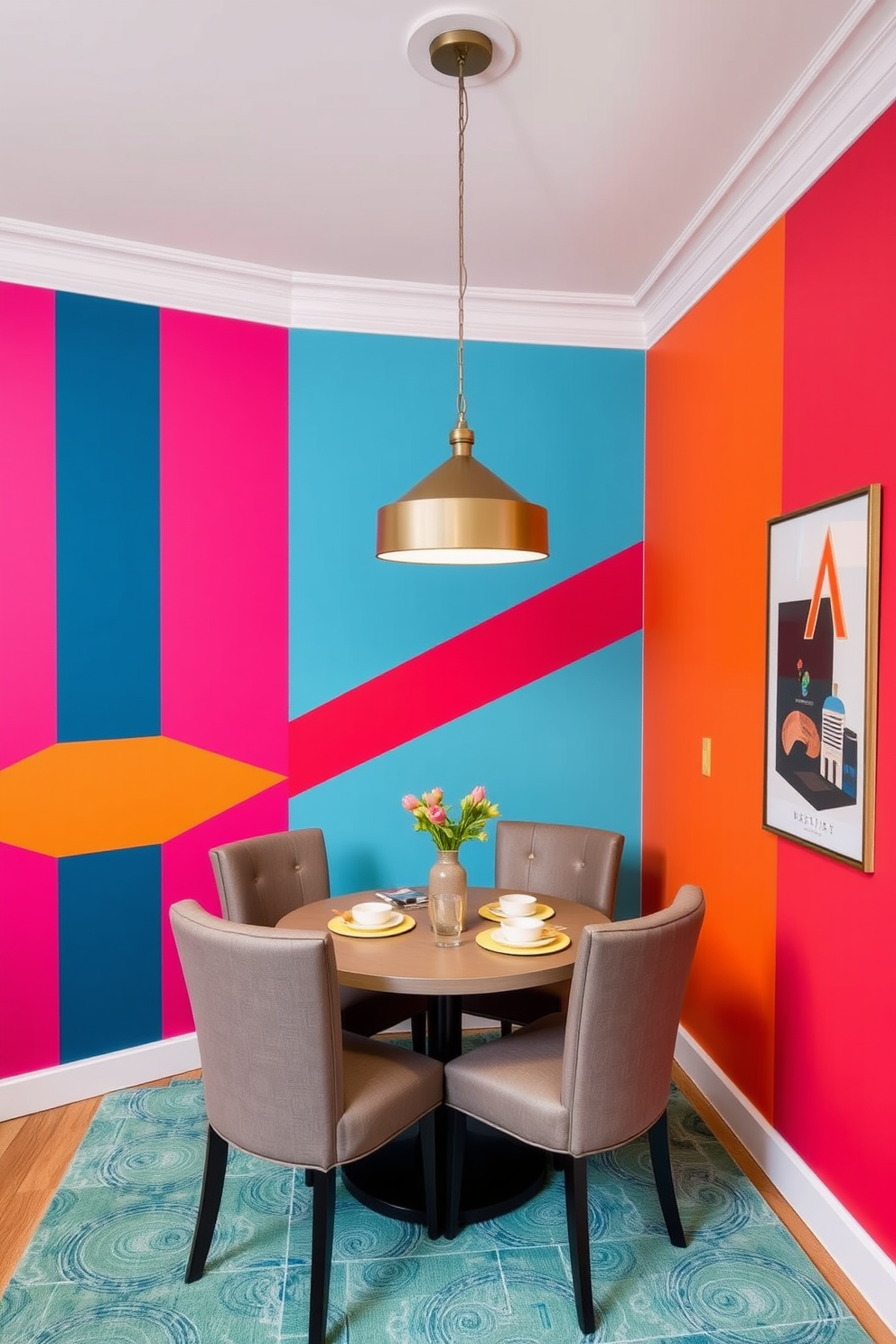 A colorful accent wall in vibrant hues creates a focal point in the room. The wall features a geometric pattern that adds depth and personality to the space. In the corner, a cozy dining room setup includes a round table surrounded by upholstered chairs. A stylish pendant light hangs above the table, enhancing the inviting atmosphere.