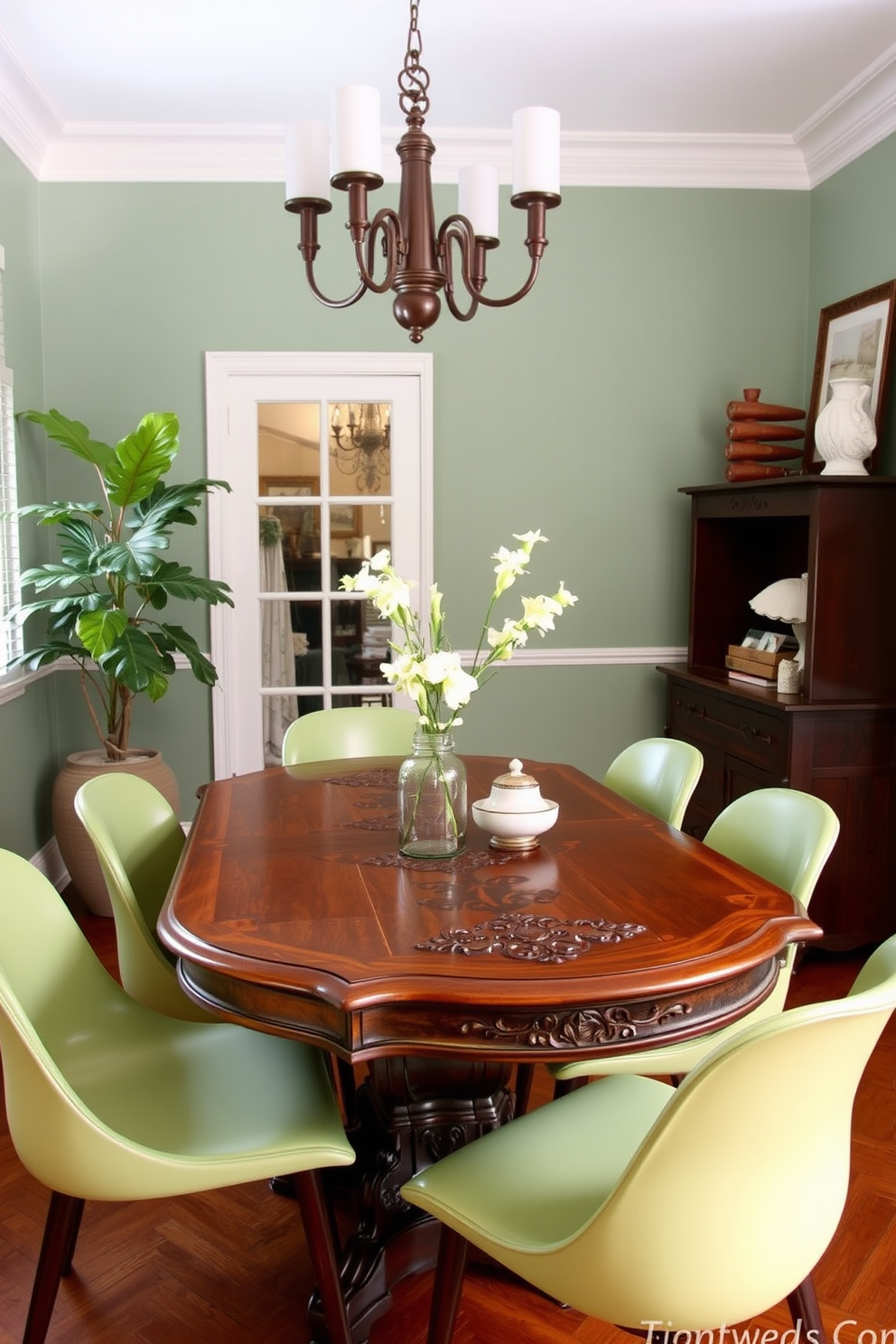 A charming corner dining room featuring a vintage wooden table with intricate carvings. Surrounding the table are sleek modern chairs in a contrasting color, creating a beautiful blend of styles.