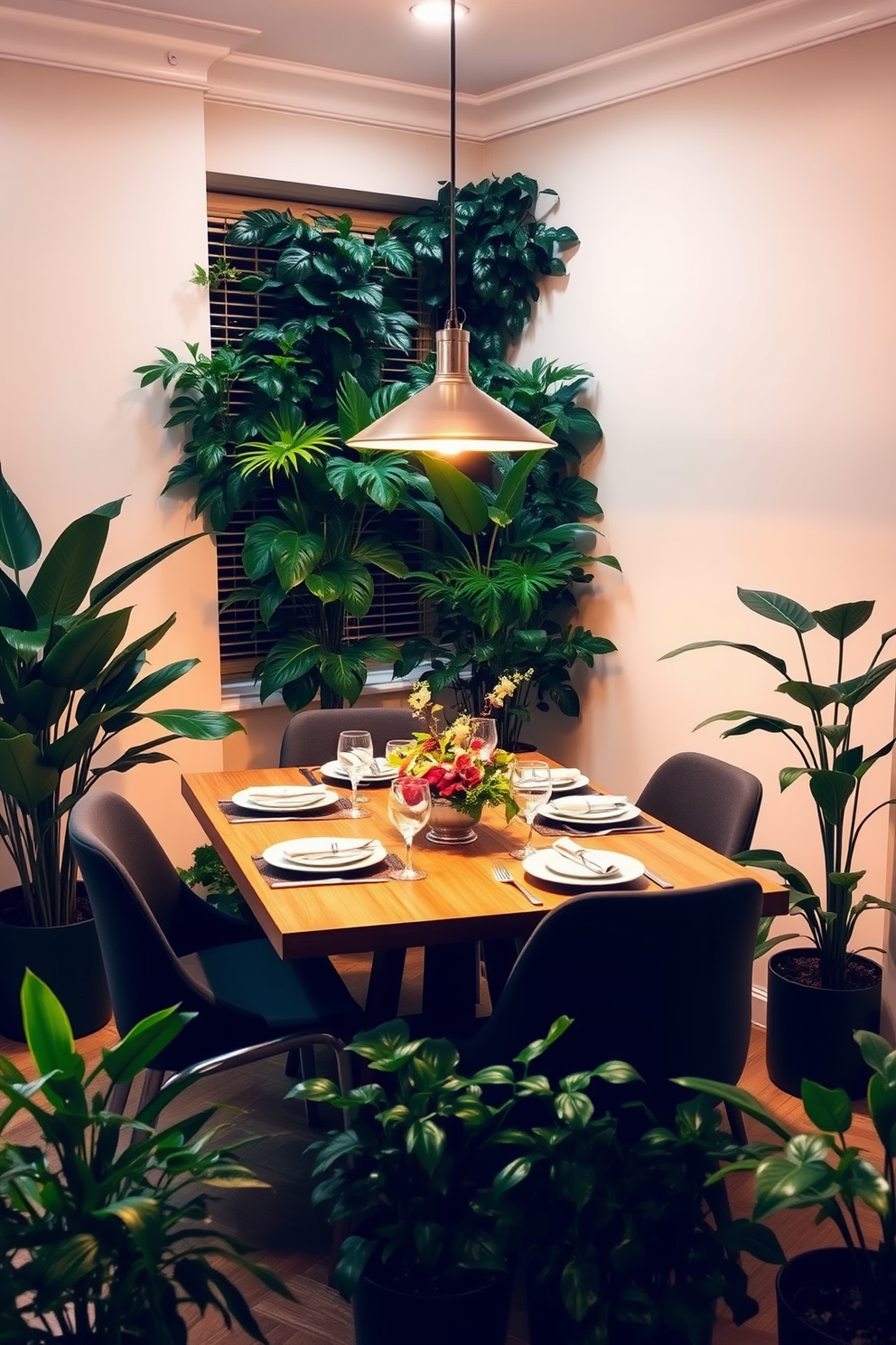 A corner dining room filled with lush greenery creates a refreshing and inviting atmosphere. Large potted plants are strategically placed around the space, complementing a sleek wooden dining table set with elegant dinnerware. The walls are painted in a soft neutral tone, allowing the vibrant greens to stand out. A stylish pendant light hangs above the table, casting a warm glow that enhances the cozy ambiance of the room.