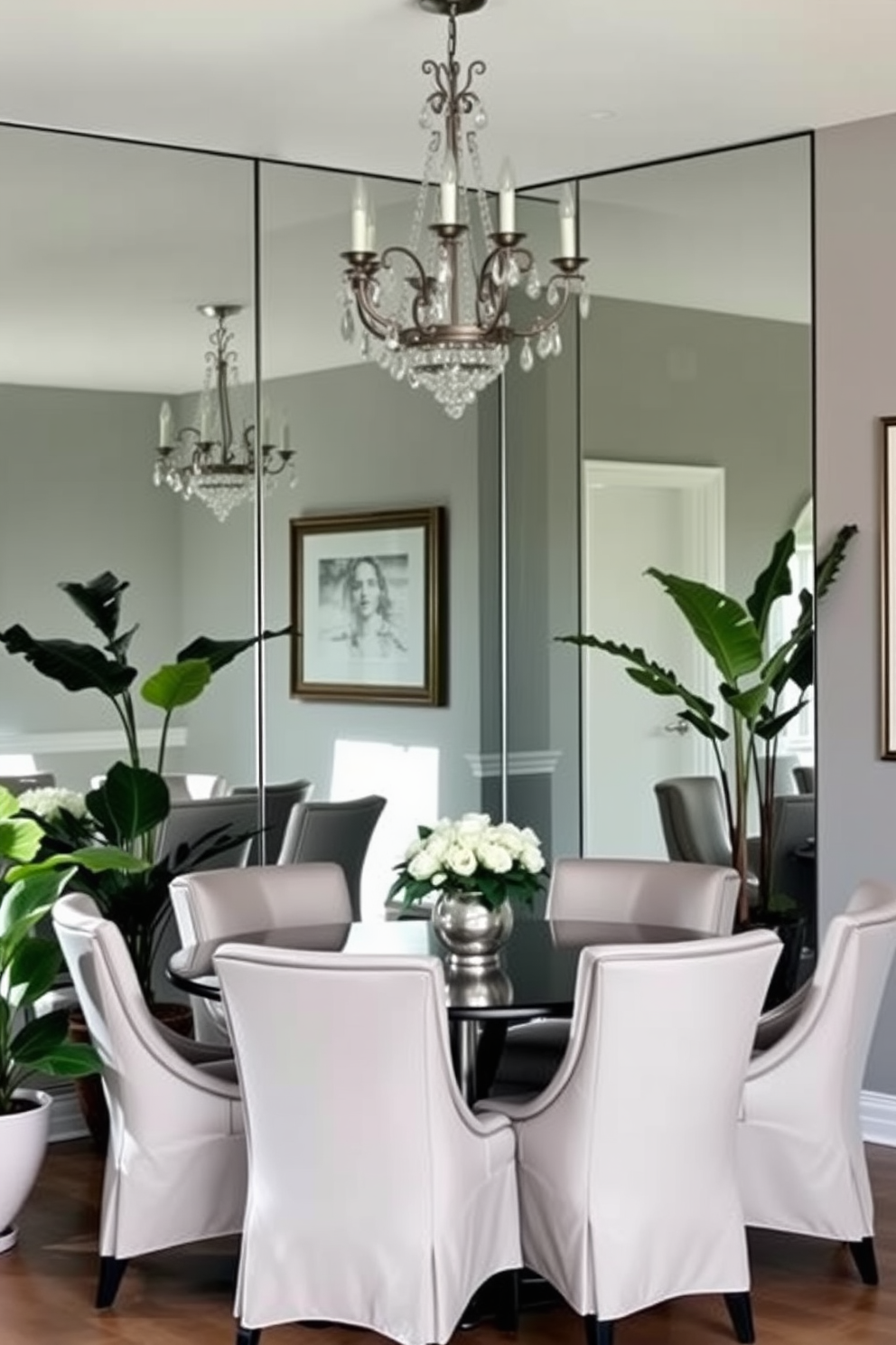 A corner dining room features a mirrored wall that reflects natural light, enhancing the sense of space. The dining table is surrounded by elegant upholstered chairs, creating a sophisticated yet inviting atmosphere. A stylish chandelier hangs above the table, adding a touch of glamour to the setting. The color palette includes soft neutrals with pops of greenery from potted plants placed strategically around the room.