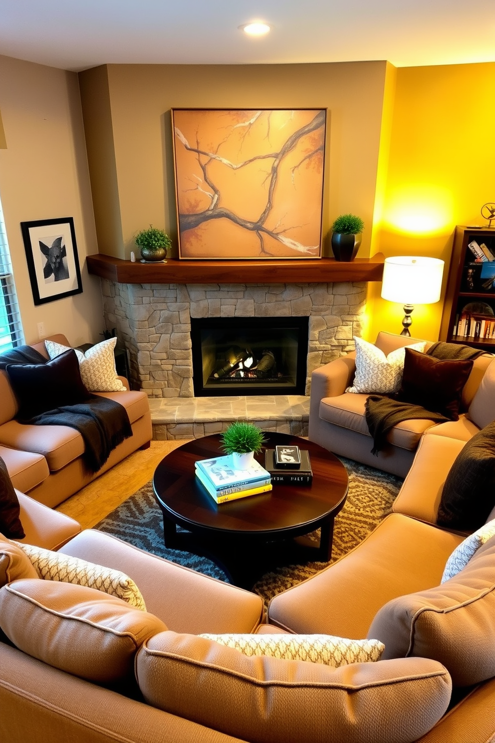 A cozy sectional sofa is arranged around a corner fireplace, creating an inviting atmosphere for relaxation and gatherings. The fireplace features a rustic stone surround, and above it, a large piece of artwork adds a touch of personality to the space. Soft, warm lighting illuminates the room, enhancing the comfort of the plush cushions and throws on the sectional. A round coffee table sits in the center, adorned with decorative books and a small potted plant for a touch of greenery.