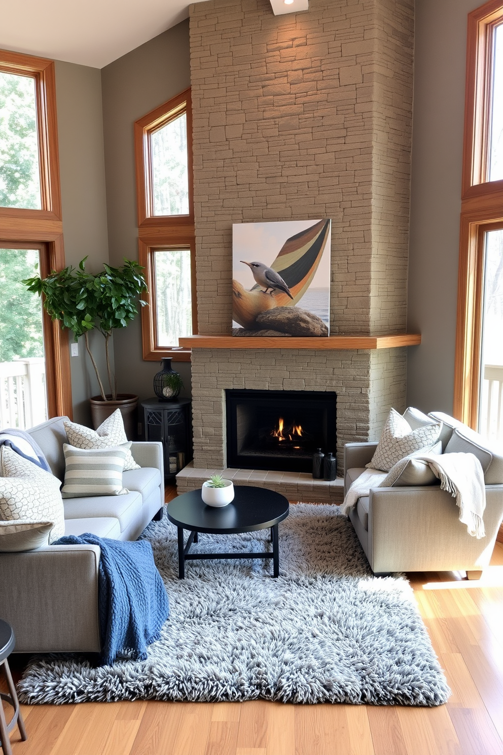 A cozy living room featuring a corner fireplace with a modern stone surround. The seating area is adorned with a mix of textured pillows and soft throws, creating an inviting atmosphere. Large windows allow natural light to flood the space, highlighting the warm wooden floors. A plush area rug anchors the seating arrangement, adding comfort and style.