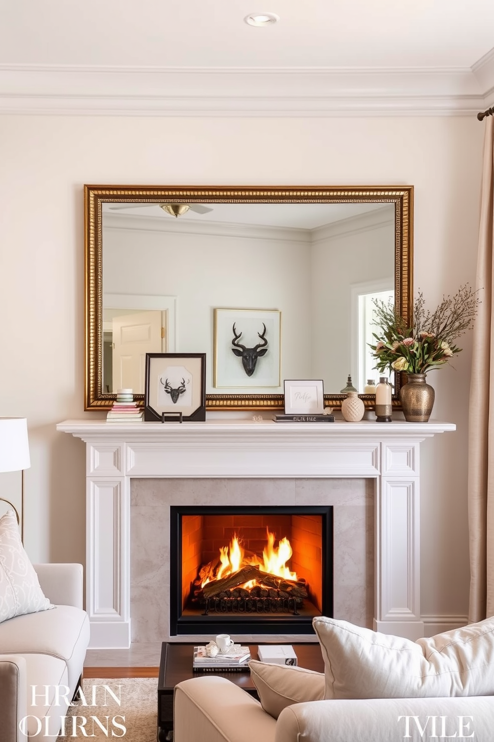 A large mirror hangs elegantly above the mantel, reflecting the warm glow of the flickering flames. The mantel is adorned with carefully curated decorative items, adding a touch of personality to the space. The corner fireplace serves as a stunning focal point, surrounded by plush seating that invites relaxation. Soft, neutral tones dominate the room, complemented by cozy textures and inviting accents that create a harmonious living environment.