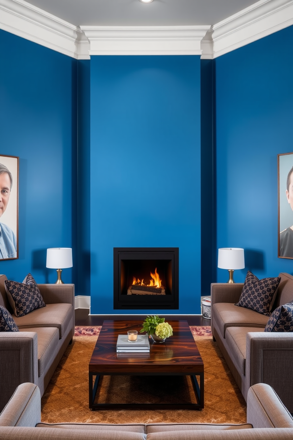 A vibrant blue wall sets a bold backdrop for the living room, enhancing the space with a modern flair. In the corner, a sleek, contemporary fireplace serves as a stunning focal point, surrounded by cozy seating arrangements that invite relaxation and conversation.