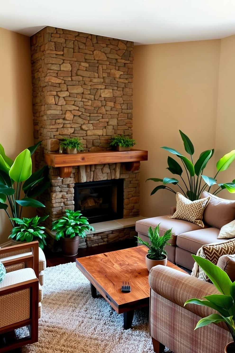 A cozy living room featuring a corner fireplace with a stone facade and a rustic wooden mantel. Plush seating arrangements include a large sectional sofa and accent chairs, complemented by a coffee table made of reclaimed wood. Lush green plants are strategically placed throughout the space, adding a touch of nature and freshness. The walls are painted in a warm neutral tone, and a soft area rug anchors the seating area, enhancing comfort and style.