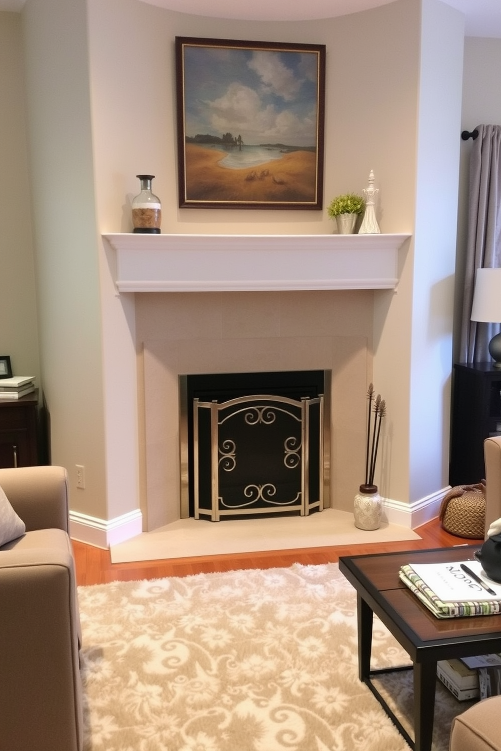 A cozy living room features a corner fireplace with a sleek, modern fireplace screen that adds a touch of elegance. The surrounding area is adorned with plush seating, a soft area rug, and stylish decor that creates a warm and inviting atmosphere.