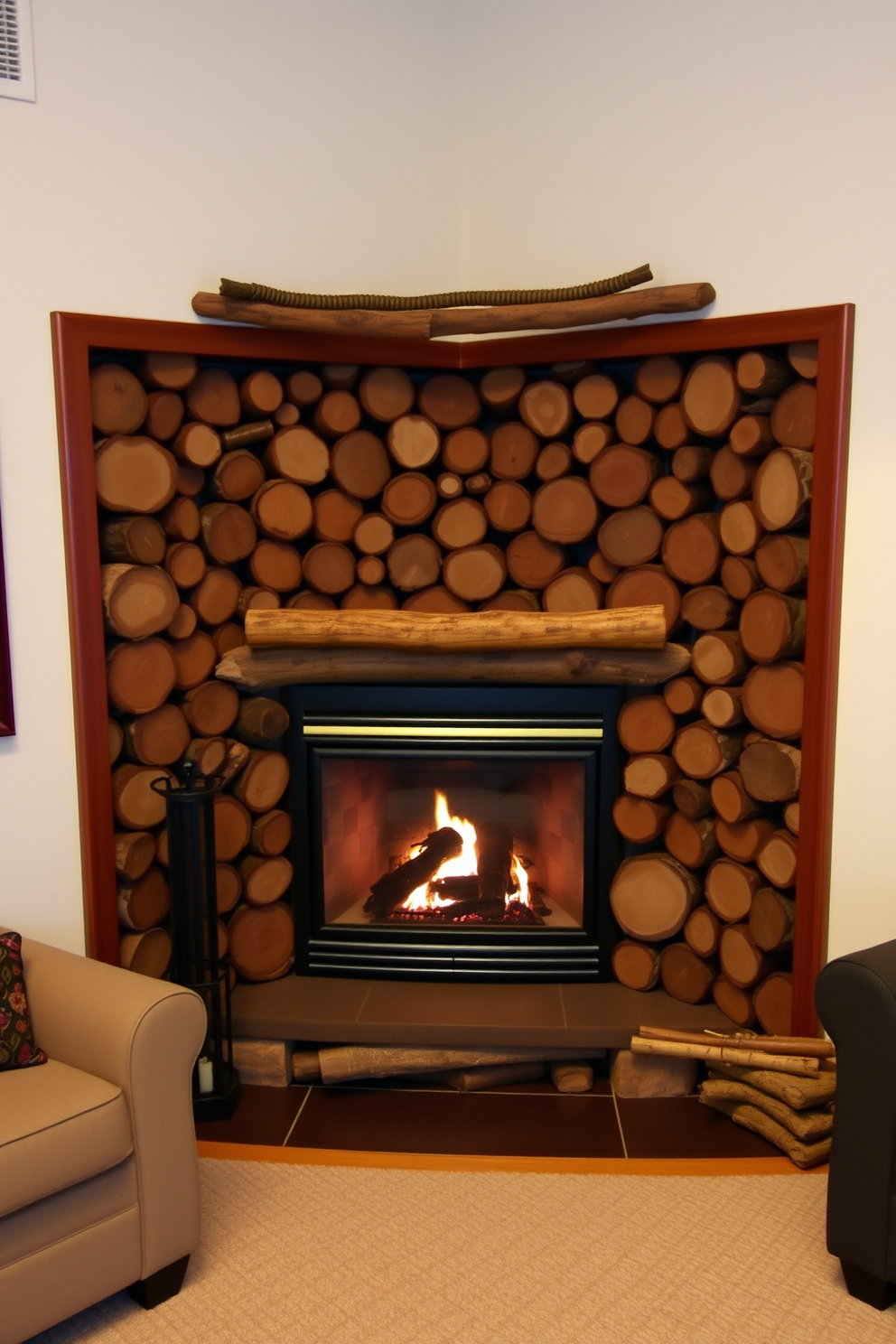 A cozy living room features a corner fireplace surrounded by decorative logs arranged artfully. The fireplace is framed with a rustic mantel, and comfortable seating is positioned to create an inviting atmosphere.