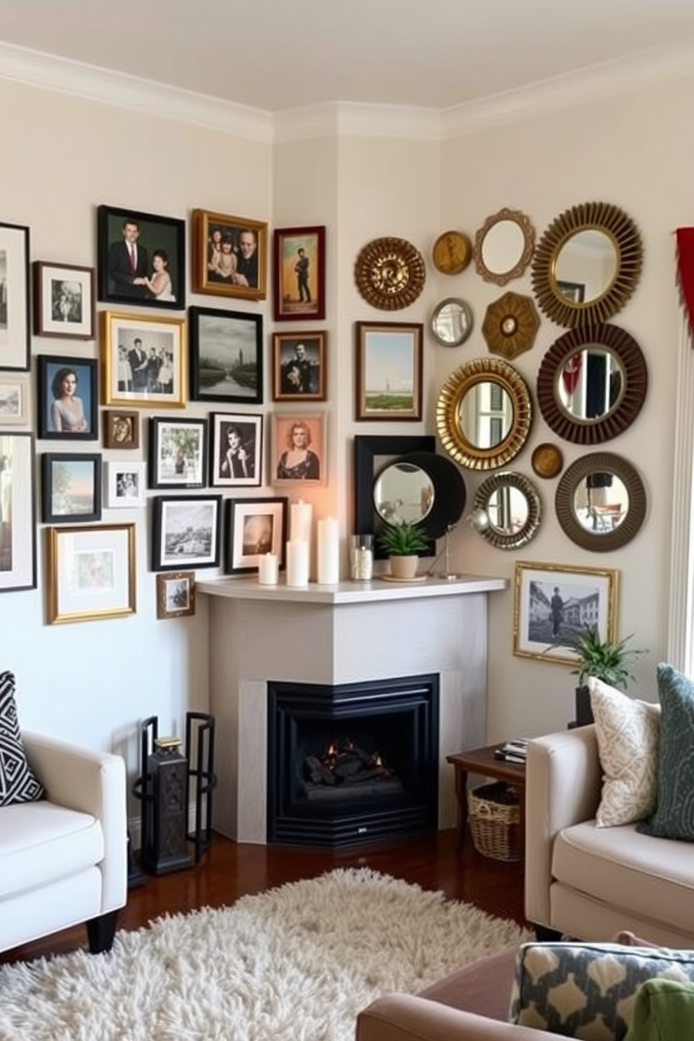 A cozy living room features a corner fireplace as the focal point. The gallery wall beside it showcases an eclectic mix of framed art, photographs, and decorative mirrors in various sizes and styles. The fireplace is surrounded by a sleek mantel adorned with candles and small plants. Comfortable seating is arranged to encourage conversation, with a plush area rug anchoring the space.