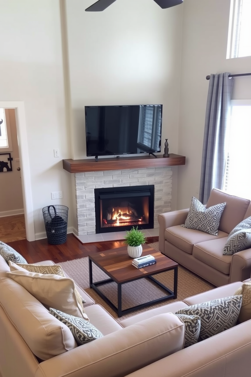 A cozy living room featuring a corner fireplace that serves as the focal point of the space. Above the mantel, a sleek television is mounted, seamlessly blending modern technology with the warm ambiance of the fireplace. The seating arrangement includes a plush sectional sofa in neutral tones, complemented by a stylish coffee table in front. Soft throw pillows and a textured area rug add warmth and comfort to the room, enhancing the inviting atmosphere.