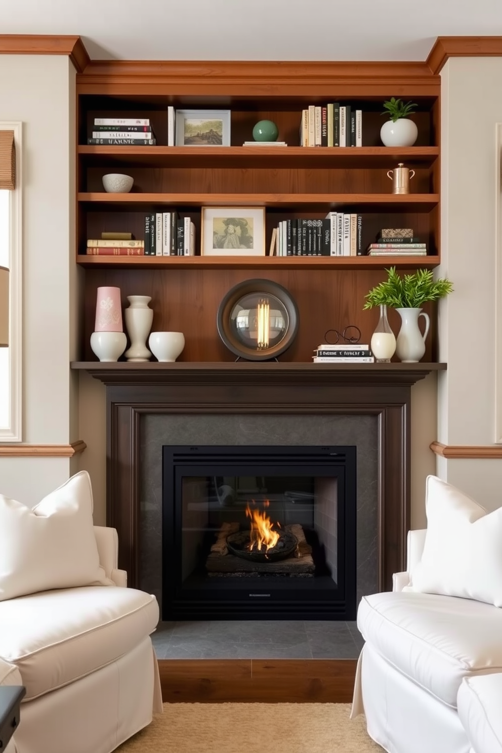 Floating shelves above the mantel showcase a curated collection of books and decorative items. The shelves are finished in a warm wood tone that complements the surrounding decor. The corner fireplace serves as a cozy focal point in the living room, framed by stylish seating arrangements. Soft, neutral tones in the upholstery create a welcoming atmosphere while enhancing the room's elegance.