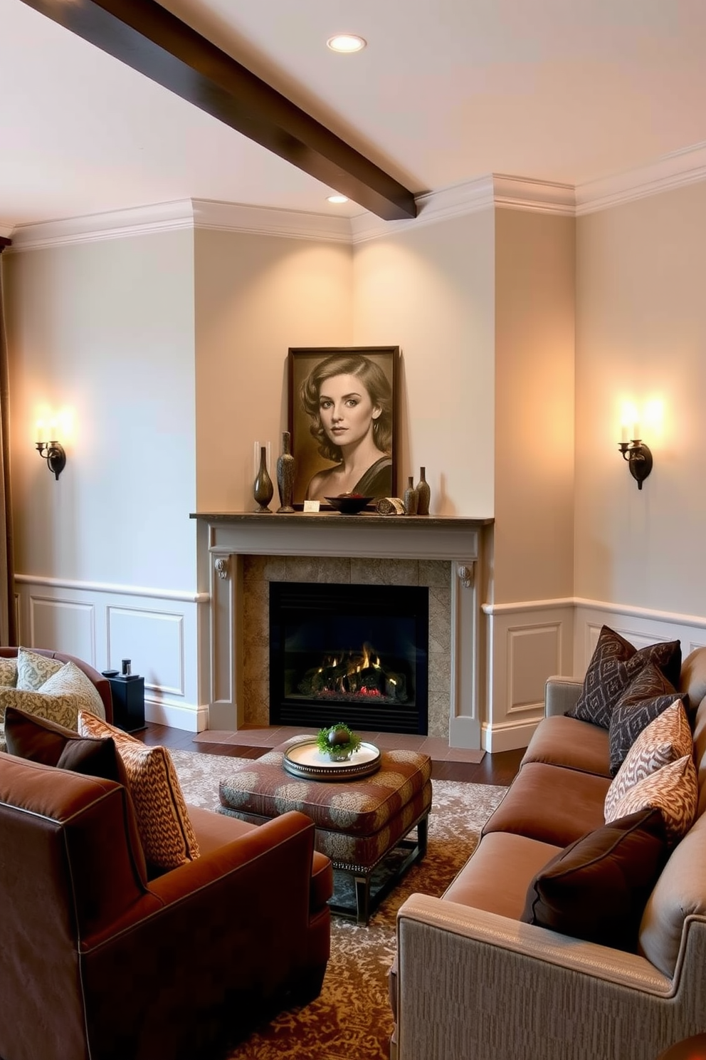 A cozy living room featuring a corner fireplace as the focal point. The room is illuminated by elegant sconces mounted on the walls, creating a warm and inviting atmosphere. The fireplace is surrounded by a stylish mantel adorned with decorative items. Plush seating arrangements, including a large sectional sofa and accent chairs, are positioned to enhance comfort and conversation.