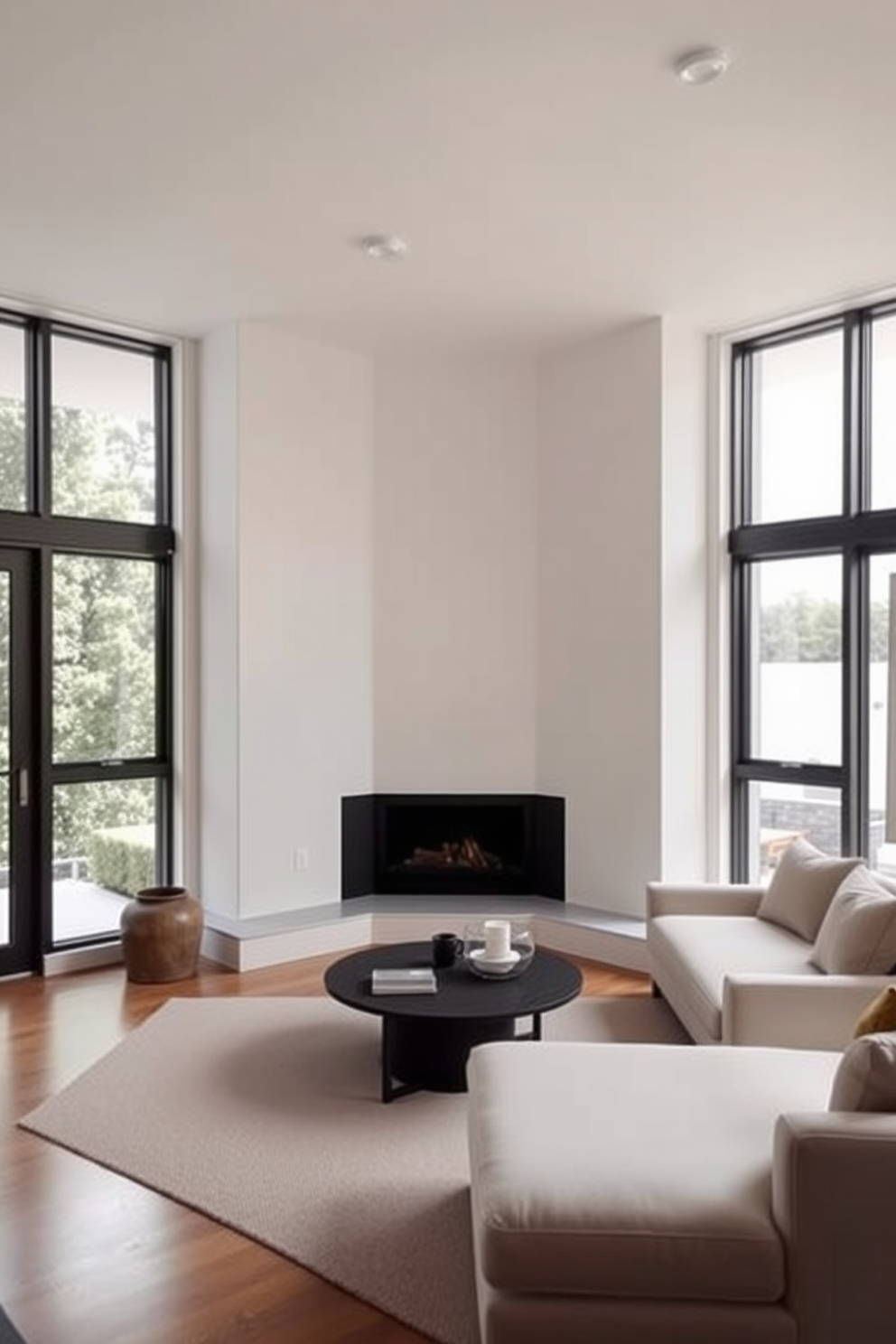 A minimalist living room features a sleek corner fireplace that serves as a focal point. The room is adorned with neutral-toned furniture, including a low-profile sofa and a simple coffee table, creating an open and airy atmosphere. Large windows allow natural light to flood the space, enhancing the clean lines and uncluttered design. A few carefully chosen decorative items, such as a single plant and a minimalist artwork, add subtle warmth without overwhelming the simplicity of the room.