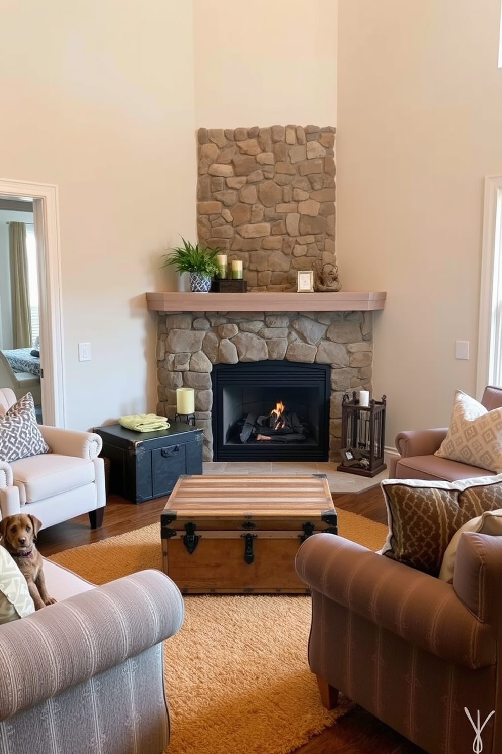 A cozy living room featuring a corner fireplace with a rustic stone surround. The space is anchored by a vintage trunk used for storage, adding charm and functionality to the room. Soft neutral tones dominate the walls, complemented by plush seating arranged around the fireplace. A warm area rug ties the seating area together, creating an inviting atmosphere perfect for relaxation.