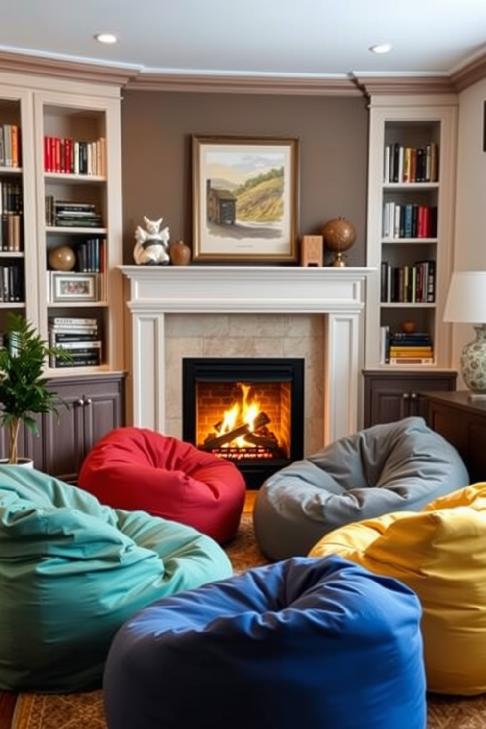 Create a cozy corner featuring oversized bean bags in soft, inviting colors. A corner fireplace adds warmth and ambiance to the space, surrounded by built-in shelves filled with books and decorative items.