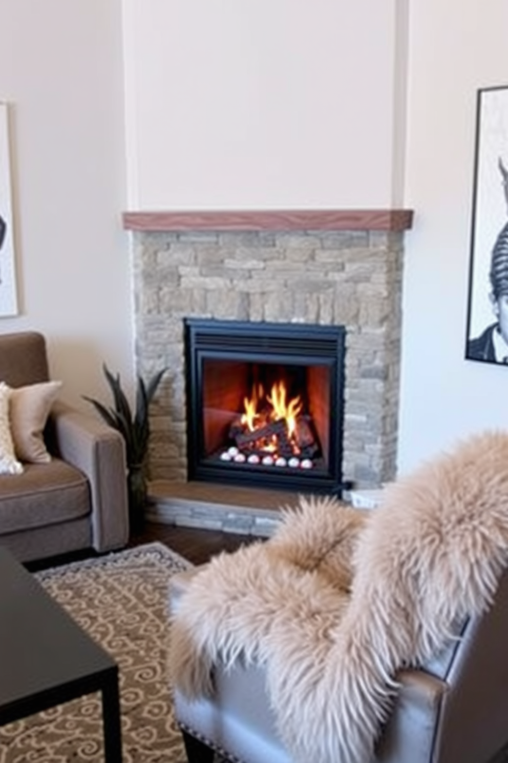 A cozy living room setting features a corner fireplace with a modern stone surround, creating a warm focal point. Plush seating arrangements are complemented by a soft faux fur throw blanket draped casually over a stylish armchair.