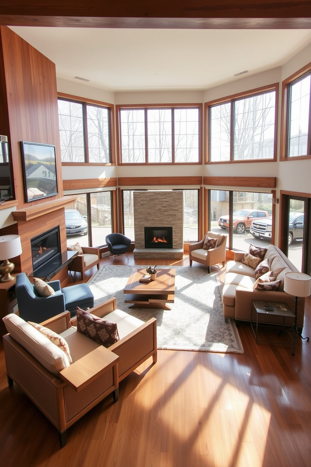 A split-level seating arrangement creates a dynamic and inviting atmosphere in the living room. The lower level features a plush sectional sofa facing a modern corner fireplace, surrounded by stylish accent chairs. Natural light floods the space through large windows, highlighting the warm wood tones of the furniture. A soft area rug anchors the seating area, while decorative pillows add pops of color and texture.