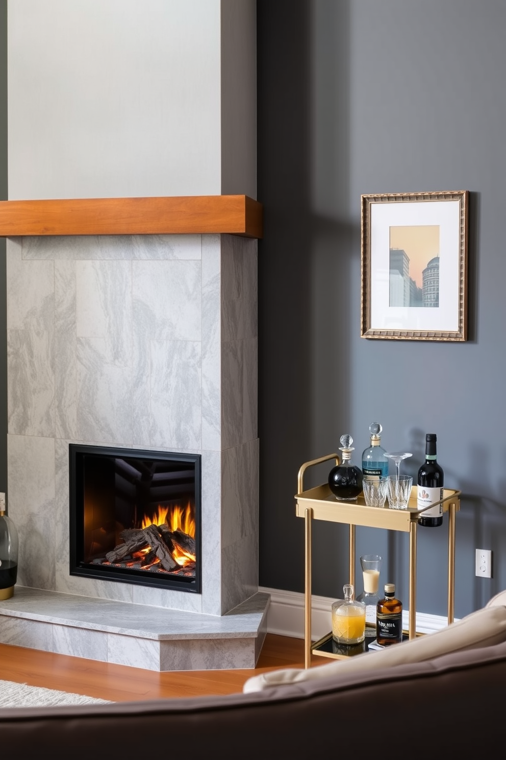 A cozy living room features a corner fireplace with a sleek stone surround and a warm wooden mantel. Adjacent to the fireplace, a stylish small bar cart is elegantly arranged with glassware and a selection of spirits, adding a touch of sophistication to the space.