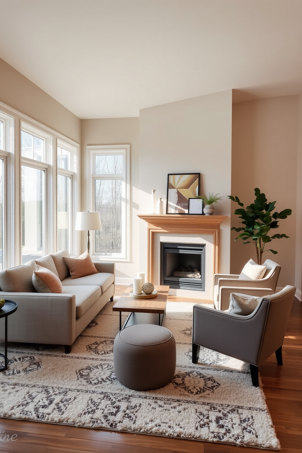 A serene living room design featuring a corner fireplace that serves as the focal point of the space. The walls are painted in soft beige, and the furniture includes a comfortable sectional sofa in light gray, complemented by a pair of accent chairs in a muted taupe. The fireplace is surrounded by a simple wooden mantel adorned with decorative items and candles. A plush area rug in a neutral tone anchors the seating area, while large windows allow natural light to fill the room, enhancing the tranquil atmosphere.