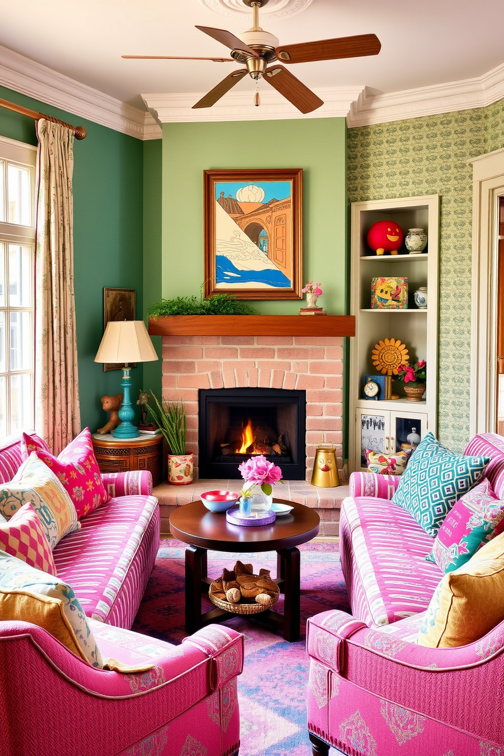 Create a whimsical living room space filled with vibrant colors and playful patterns. The focal point is a cozy corner fireplace surrounded by comfortable seating and colorful cushions.