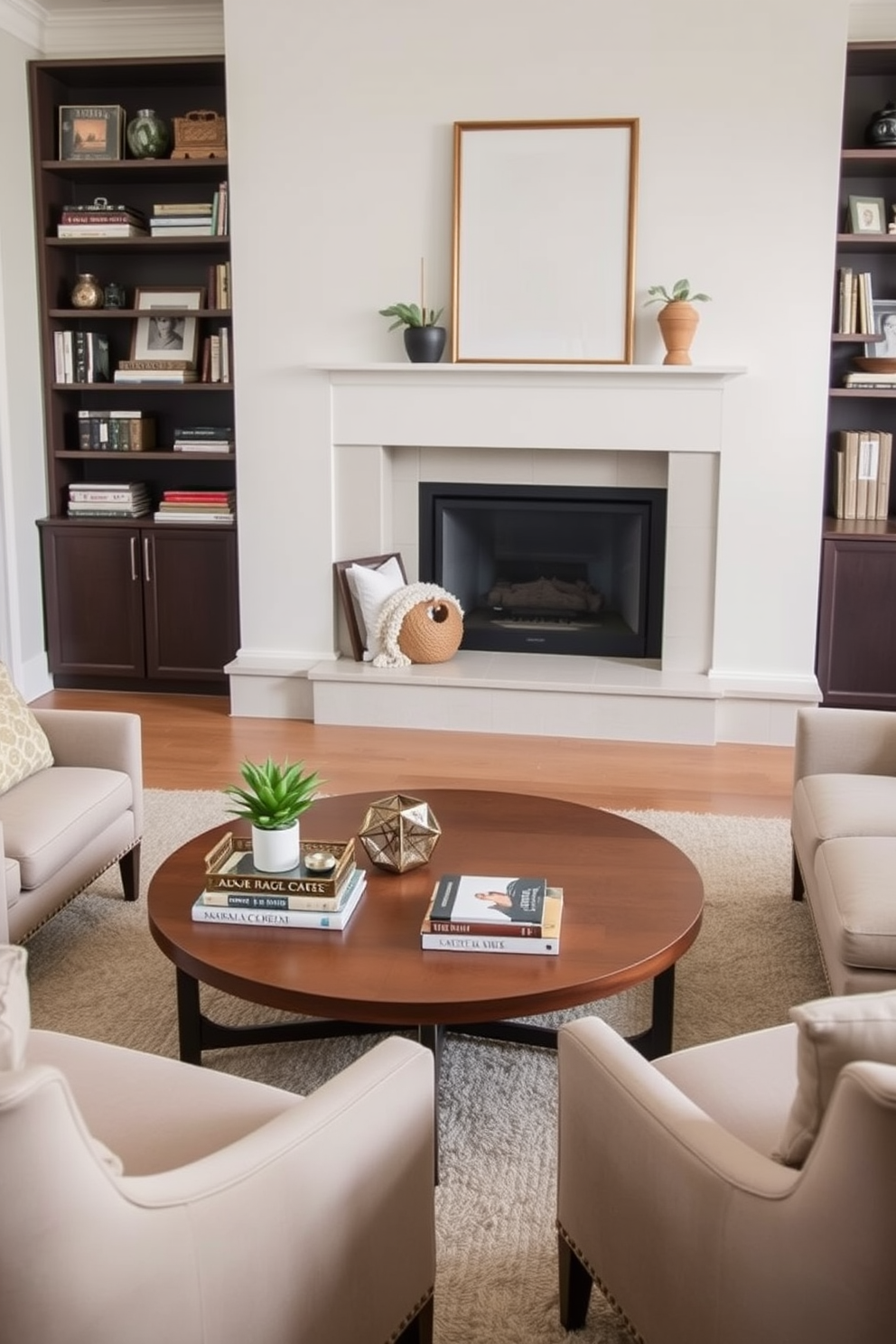 A cozy living room featuring a round coffee table at the center. The table is adorned with a decorative tray, a stack of art books, and a small potted plant. Surrounding the coffee table are a plush sectional sofa and a pair of accent chairs in soft, neutral tones. A corner fireplace adds warmth to the space, framed by built-in bookshelves filled with curated decor and personal treasures.