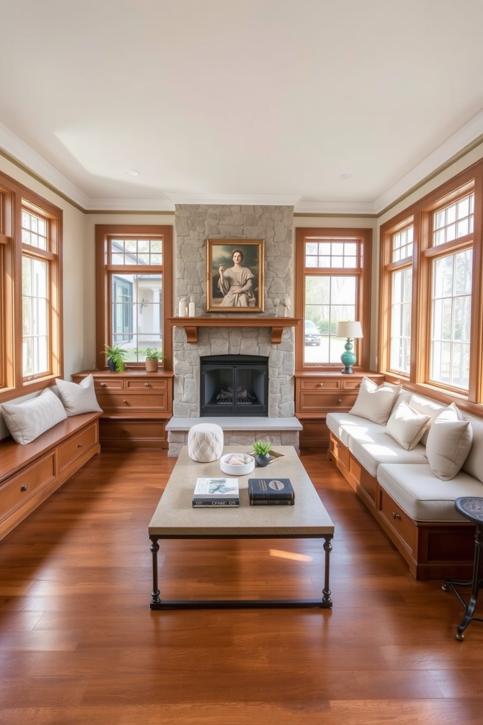 A cozy living room featuring a built-in bench along one wall, adorned with plush cushions in soft neutral tones. The space is anchored by a corner fireplace, surrounded by elegant stonework and a warm, inviting mantel. Natural light floods the room through large windows, highlighting the rich textures of the wooden flooring. A stylish coffee table sits in the center, complemented by a few carefully selected decorative pieces and books.