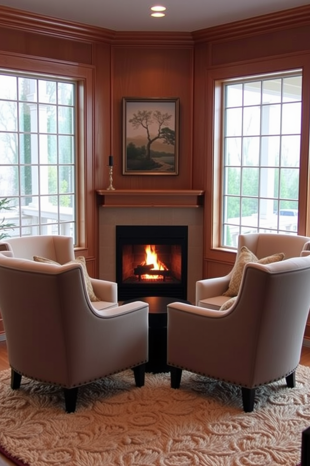 Accent chairs flanking the fireplace create a cozy and inviting atmosphere. The corner fireplace serves as a focal point, surrounded by warm wood paneling and soft ambient lighting. The living room features a plush area rug that complements the color scheme of the space. Large windows allow natural light to flood in, enhancing the room's warmth and comfort.