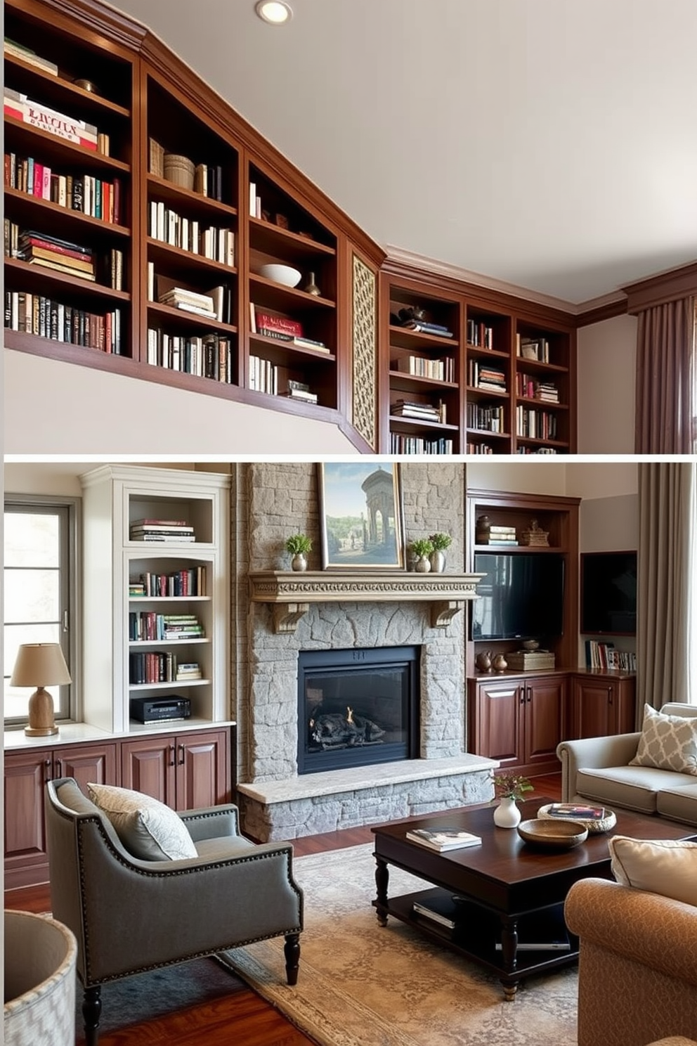 Create a built-in bookcase design that seamlessly integrates with the surrounding walls. The shelves are filled with a mix of books and decorative items, and a cozy reading nook is nestled beside the bookcase. Design a corner fireplace that serves as the focal point of the living room. The fireplace is framed by elegant stonework and flanked by comfortable seating arrangements, creating an inviting atmosphere.