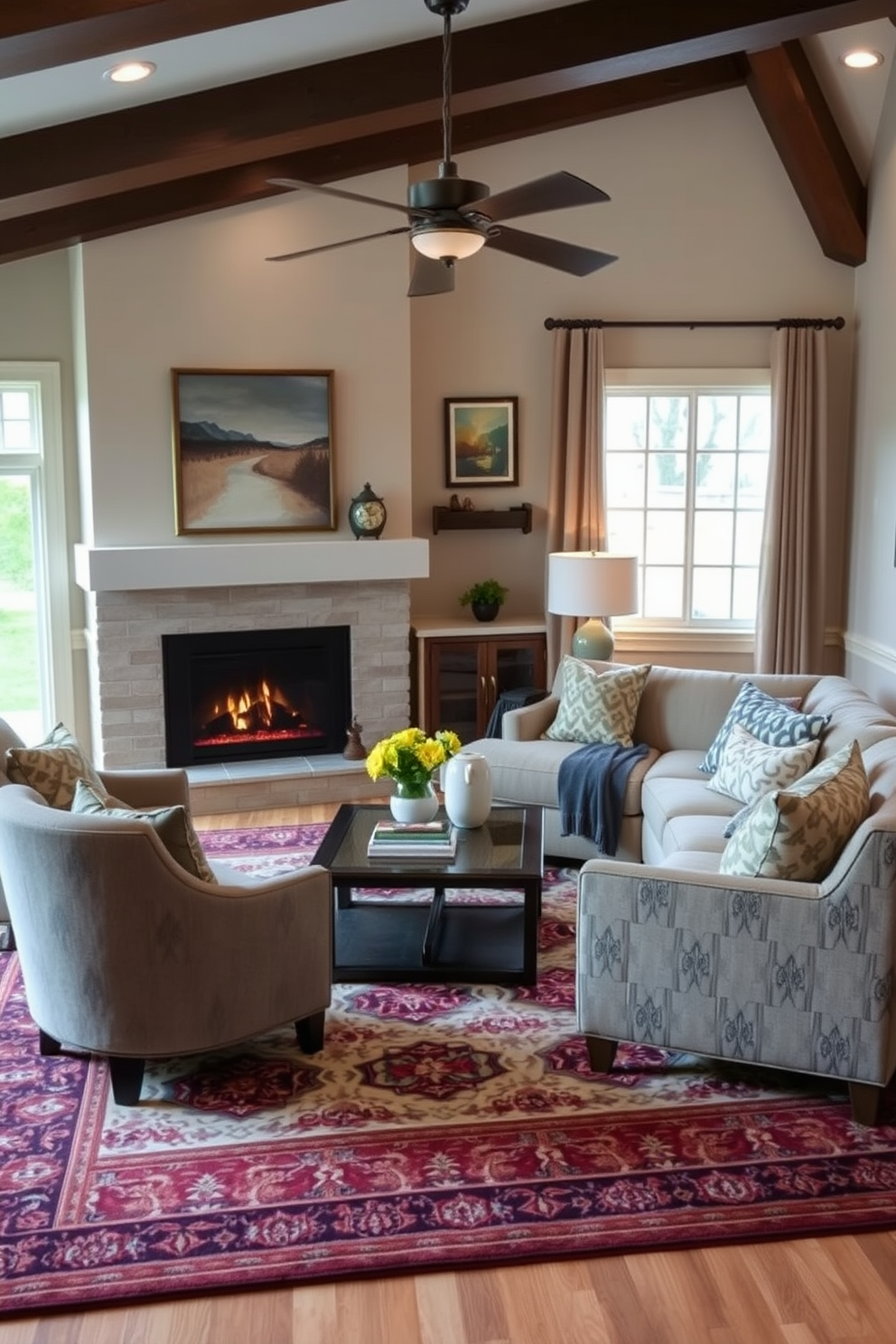 A cozy living room setting featuring a corner fireplace that adds warmth and charm to the space. The room is anchored by a large area rug that complements the color palette and provides comfort underfoot. The seating arrangement includes a plush sectional sofa and a pair of accent chairs, creating an inviting atmosphere for relaxation. Decorative throw pillows and a stylish coffee table complete the look, enhancing the overall aesthetic of the room.