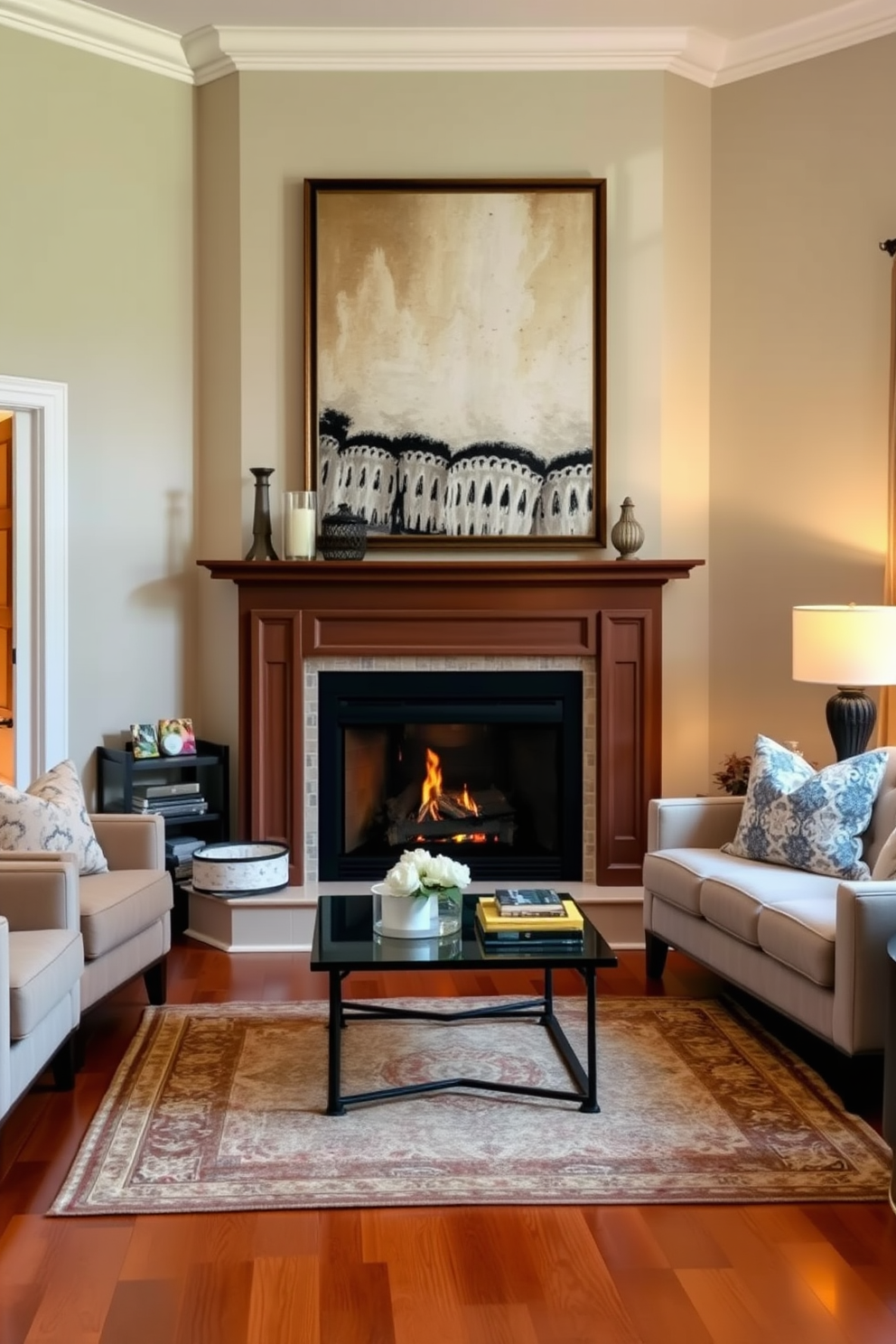 A cozy living room featuring a corner fireplace as the focal point. The fireplace is surrounded by a stylish mantel adorned with decorative accents and a large statement art piece hangs above it, drawing the eye. Plush seating arrangements are positioned around the fireplace, creating an inviting atmosphere. Soft, warm lighting enhances the ambiance, while a tasteful area rug anchors the space, complementing the overall design.