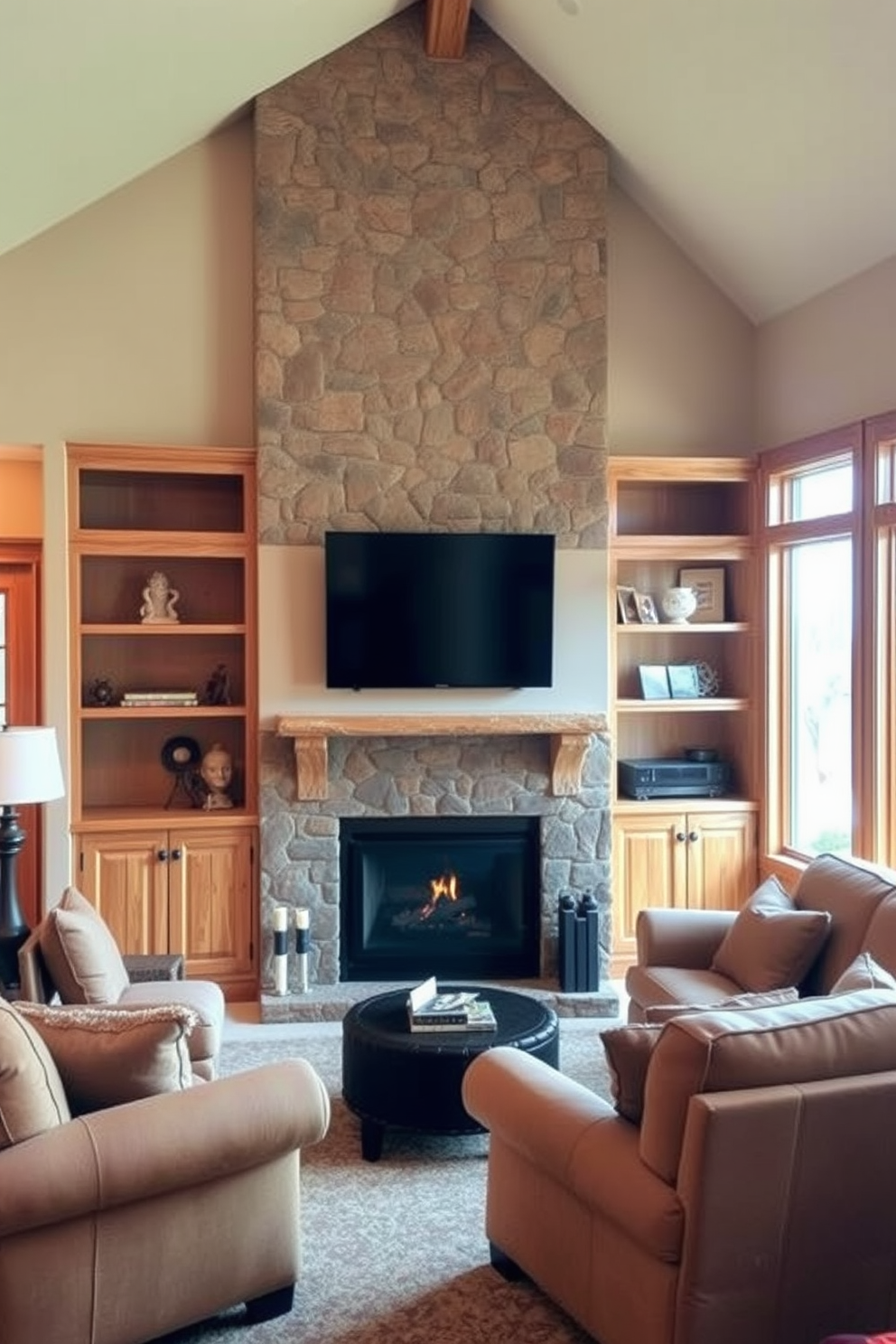 A cozy living room featuring a corner fireplace with a natural stone surround. The space is adorned with warm natural wood tones in the furniture and built-in shelves, creating a harmonious contrast with the soft beige walls. Plush seating arrangements are centered around the fireplace, inviting relaxation and conversation. Large windows allow natural light to flood the room, highlighting the textures of the wood and the flicker of the fire.