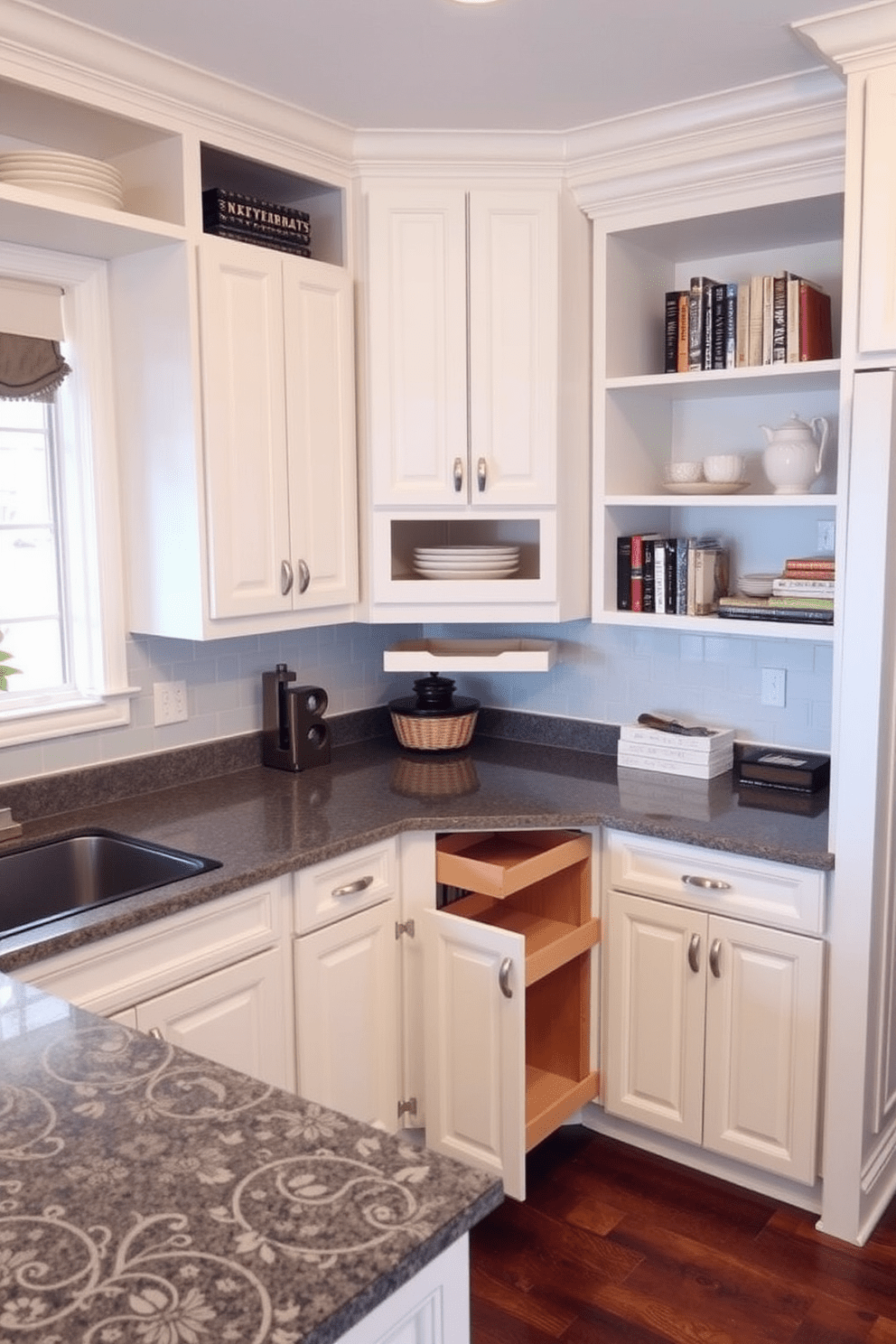 An L-shaped corner cabinet with pull-out shelves creates a seamless flow in the kitchen. The cabinet is finished in a soft white with brushed nickel hardware, providing both functionality and style. The countertop is a rich quartz in a deep gray tone, complementing the light cabinetry. Surrounding the cabinet, open shelving displays decorative dishware and cookbooks, adding a personal touch to the space.