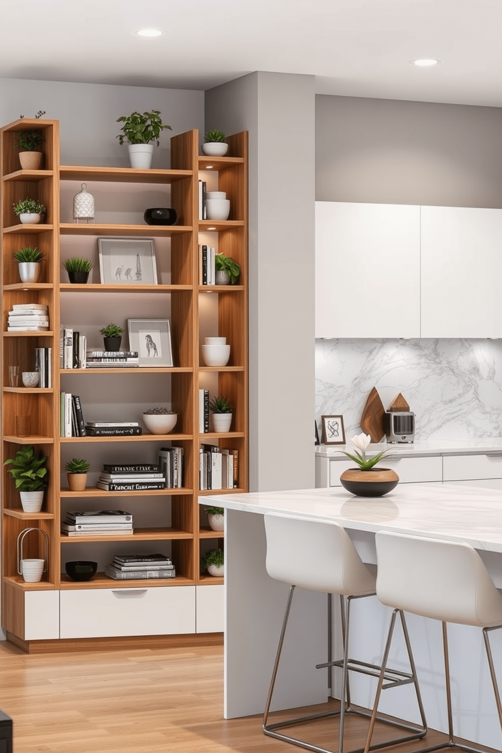 A multi-tiered corner shelving unit showcases a blend of open and closed storage, crafted from natural wood with a warm finish. The shelves are adorned with a mix of potted plants, decorative books, and curated art pieces, creating an inviting focal point in the room. The corner kitchen design features sleek cabinetry in a soft white hue, complemented by a striking marble backsplash. A spacious countertop extends into a breakfast bar, with stylish bar stools that invite casual dining and conversation.