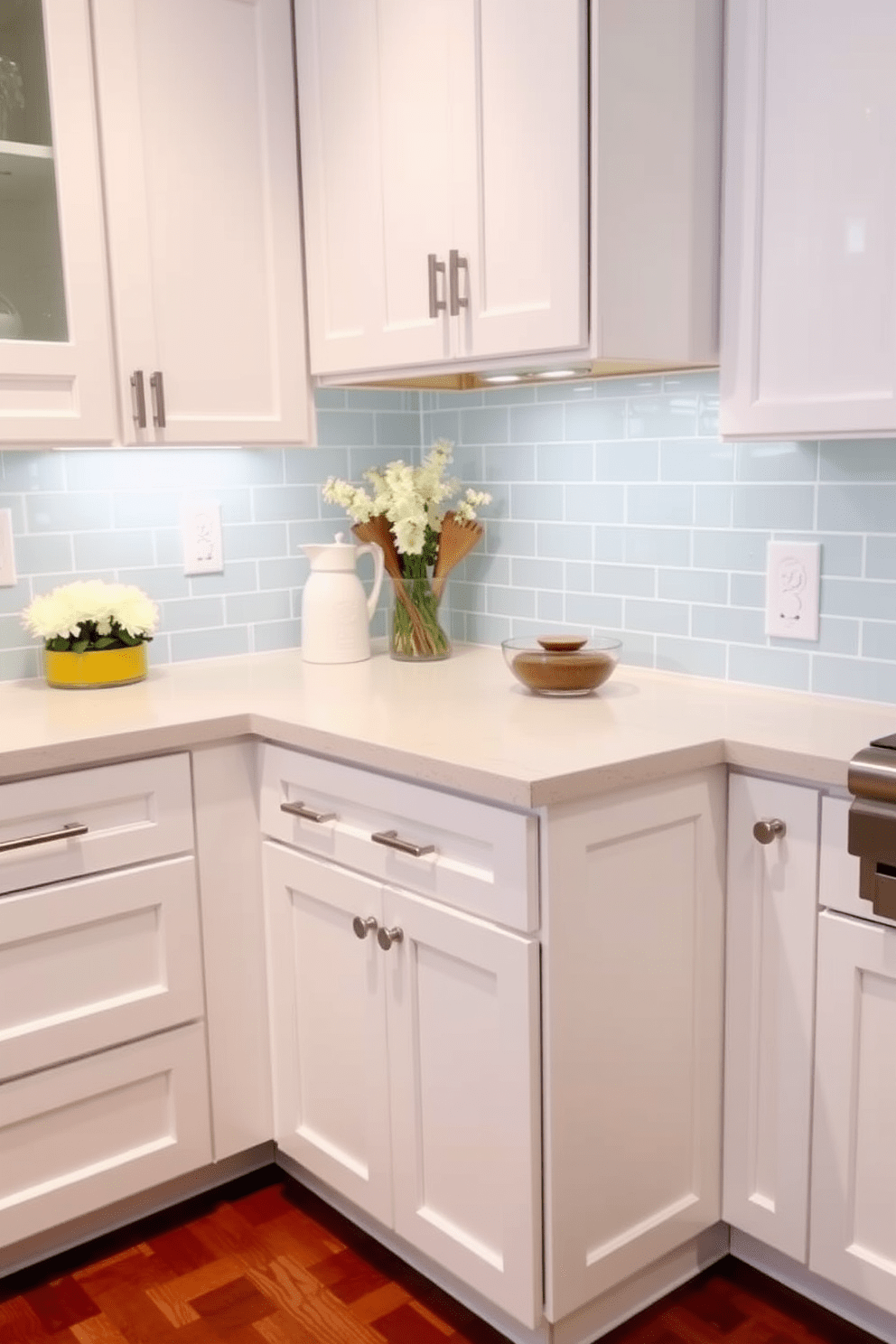 A stylish corner kitchen design featuring a countertop extension that provides ample prep space. The cabinetry is a sleek white with brushed nickel hardware, and the backsplash is a vibrant subway tile in a soft blue hue.