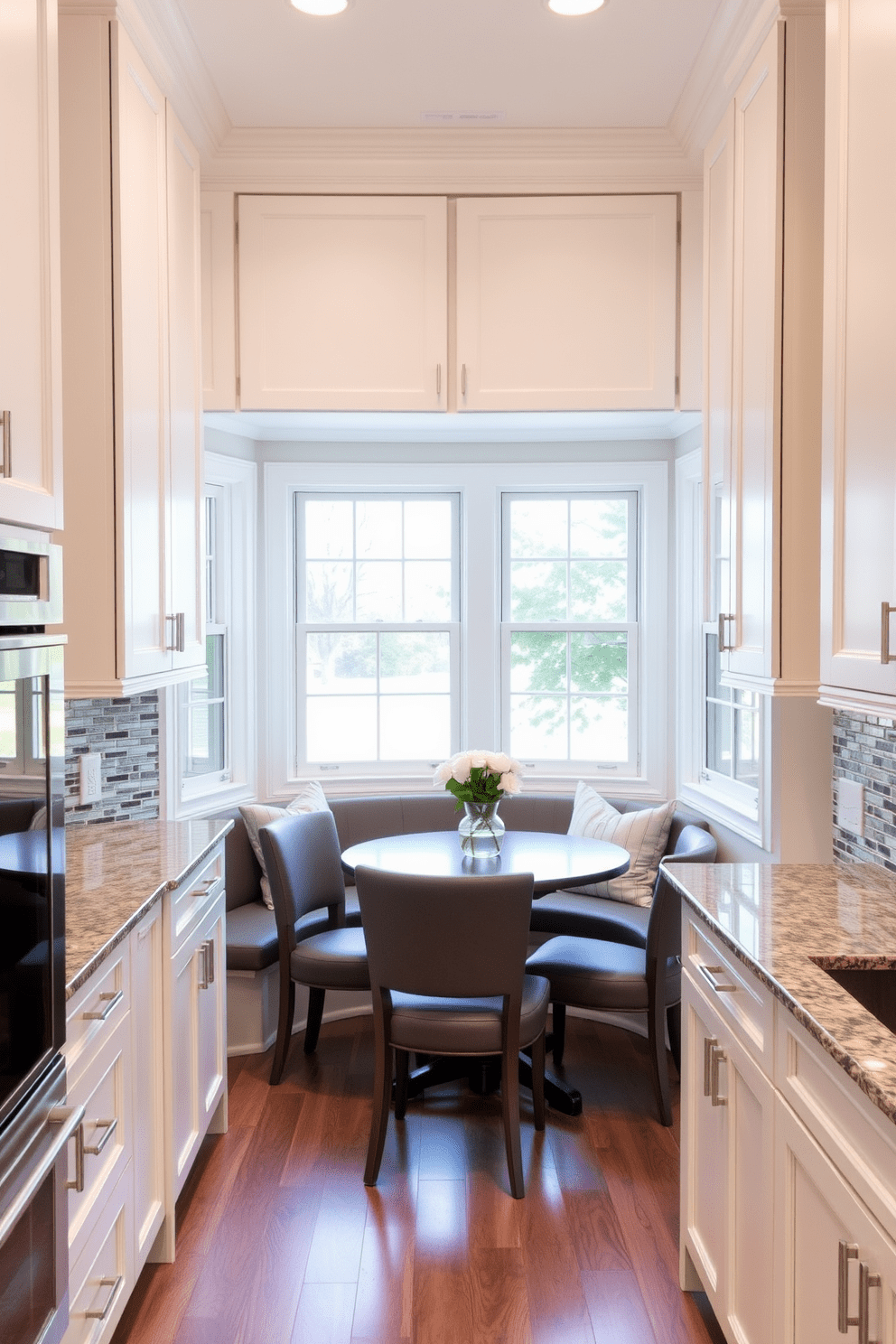 A corner kitchen features stacked cabinets that maximize vertical storage while maintaining an open and airy feel. The cabinetry is finished in a soft white hue, complemented by brushed nickel hardware, and the countertops are a rich granite that adds a touch of elegance. A cozy breakfast nook is integrated into the design, with a round table surrounded by cushioned chairs. Large windows allow natural light to flood the space, highlighting the beautiful tile backsplash that adds a pop of color.