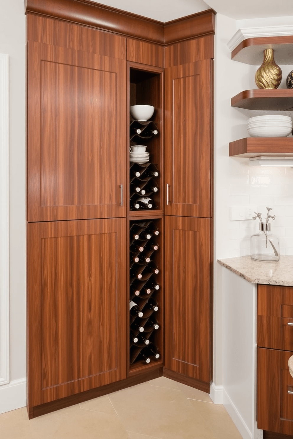 A corner wine rack seamlessly integrated into cabinetry creates an elegant focal point in the kitchen. The rich wood finish of the cabinetry complements the bottles displayed, enhancing the overall sophistication of the space. For corner kitchen design ideas, envision a layout that maximizes functionality while maintaining a stylish aesthetic. Incorporate open shelving above the counter to showcase decorative dishware and create a sense of openness.