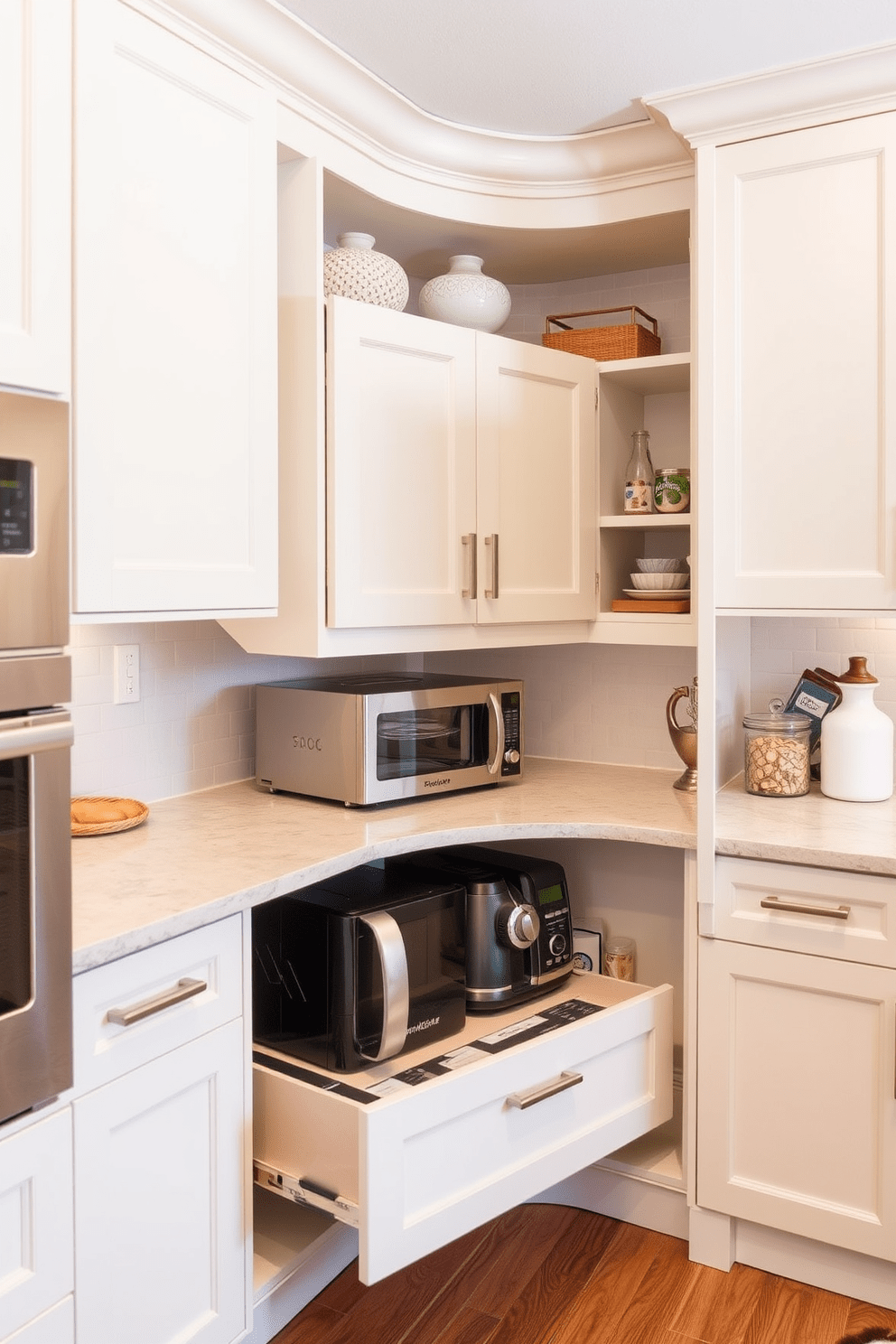 A hidden corner appliance garage seamlessly integrates into the kitchen design, allowing for a clutter-free countertop. The garage features custom cabinetry that matches the kitchen decor, providing a sleek and organized space for small appliances. Incorporating this design element into a corner kitchen maximizes functionality while maintaining an open and inviting atmosphere. The use of soft-close doors and ample storage ensures that everything is easily accessible yet neatly tucked away when not in use.