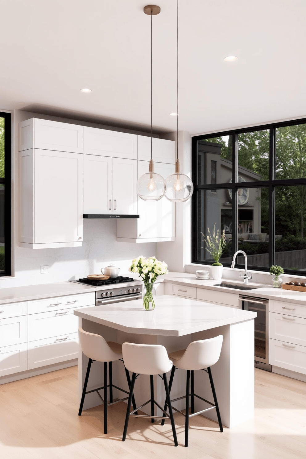 A modern kitchen featuring curved corner cabinets that create smooth lines and a seamless flow. The cabinetry is a soft white finish, complemented by a sleek quartz countertop in a light gray tone. The kitchen island is central to the design, with bar stools tucked neatly underneath for a clean look. Large windows allow natural light to flood the space, highlighting the elegant pendant lights above the island.